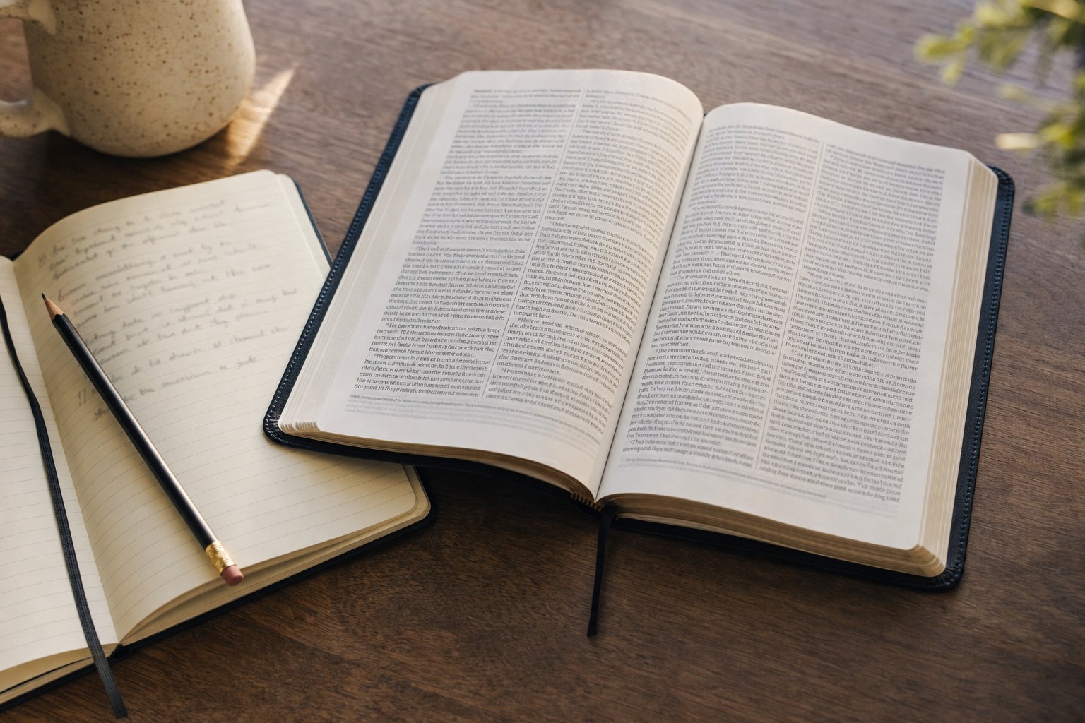 An open Bible, pencil, and notebook on a kitchen table