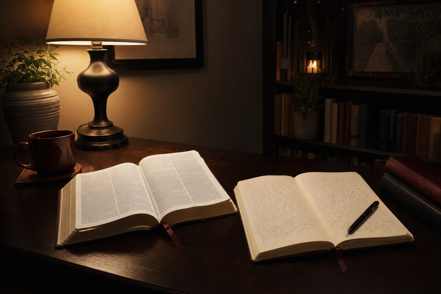 An open Bible and journal beside a warm lamp