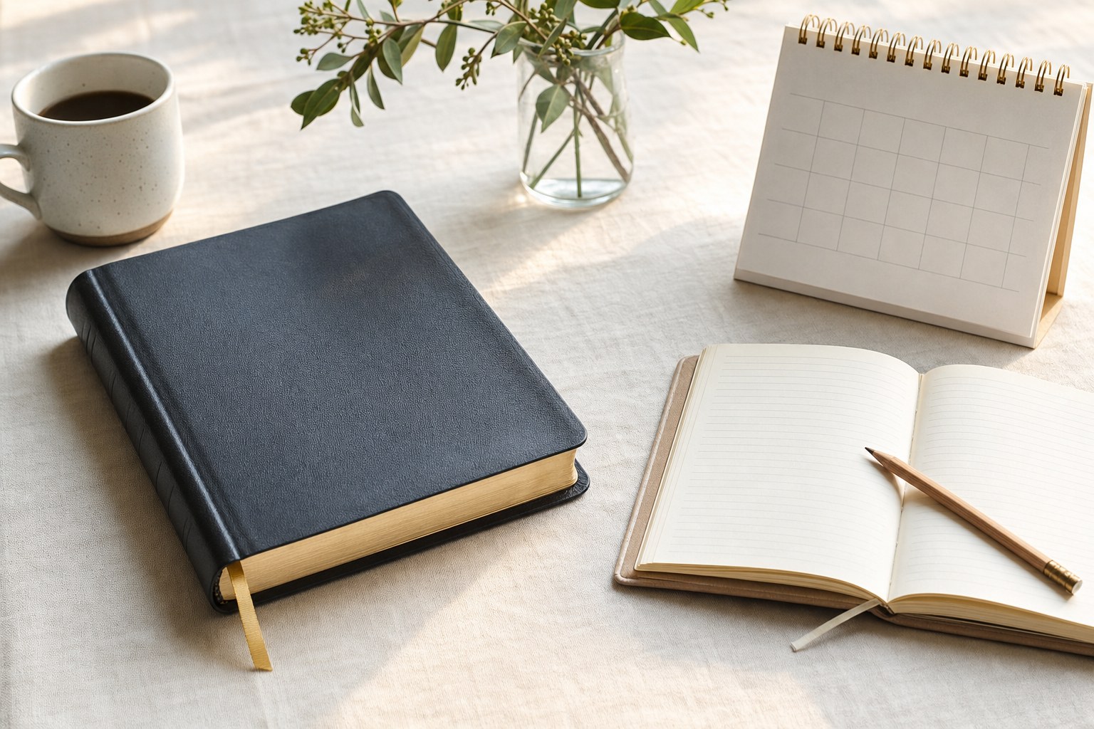 A Bible, journal, and pencil arranged for a weekly study rhythm
