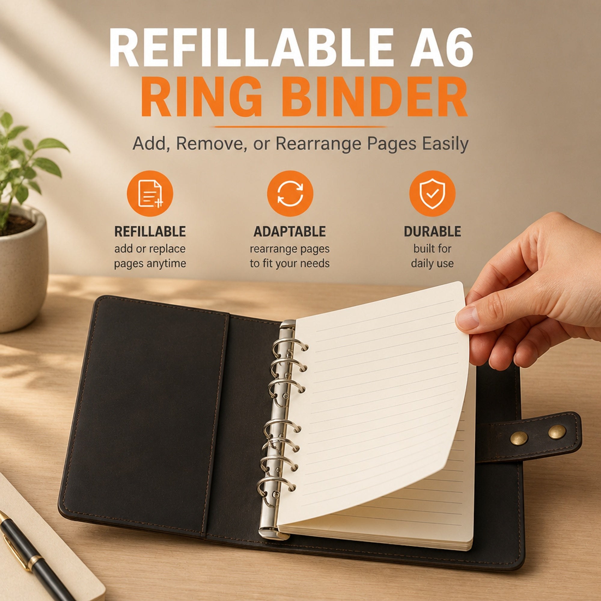 Handmade A6 Genuine Leather Journal-Refillable Ring Binder, Vintage Travel Organizer, and Writing Notebook for Men and Women-8x6 Inches, view 5