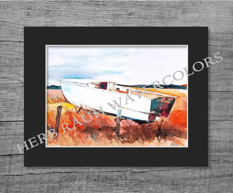 Herb Rauh watercolor print showing a boat in dry dock