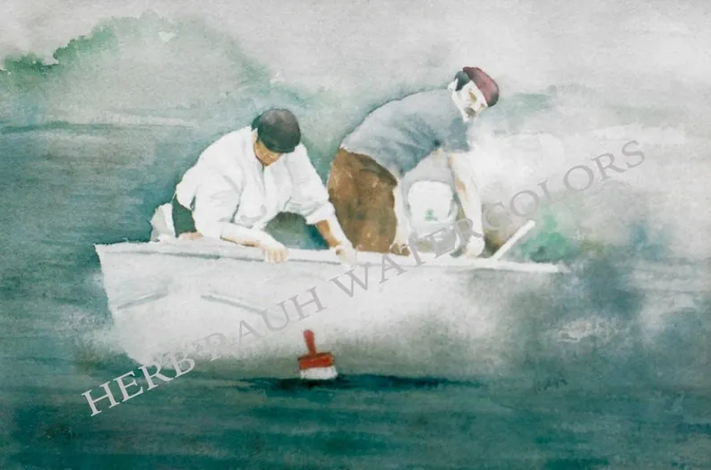Herb Rauh watercolor of lobstermen checking traps in fog