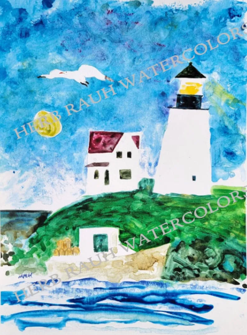 Herb Rauh watercolor of Nubble Light on the Maine coast