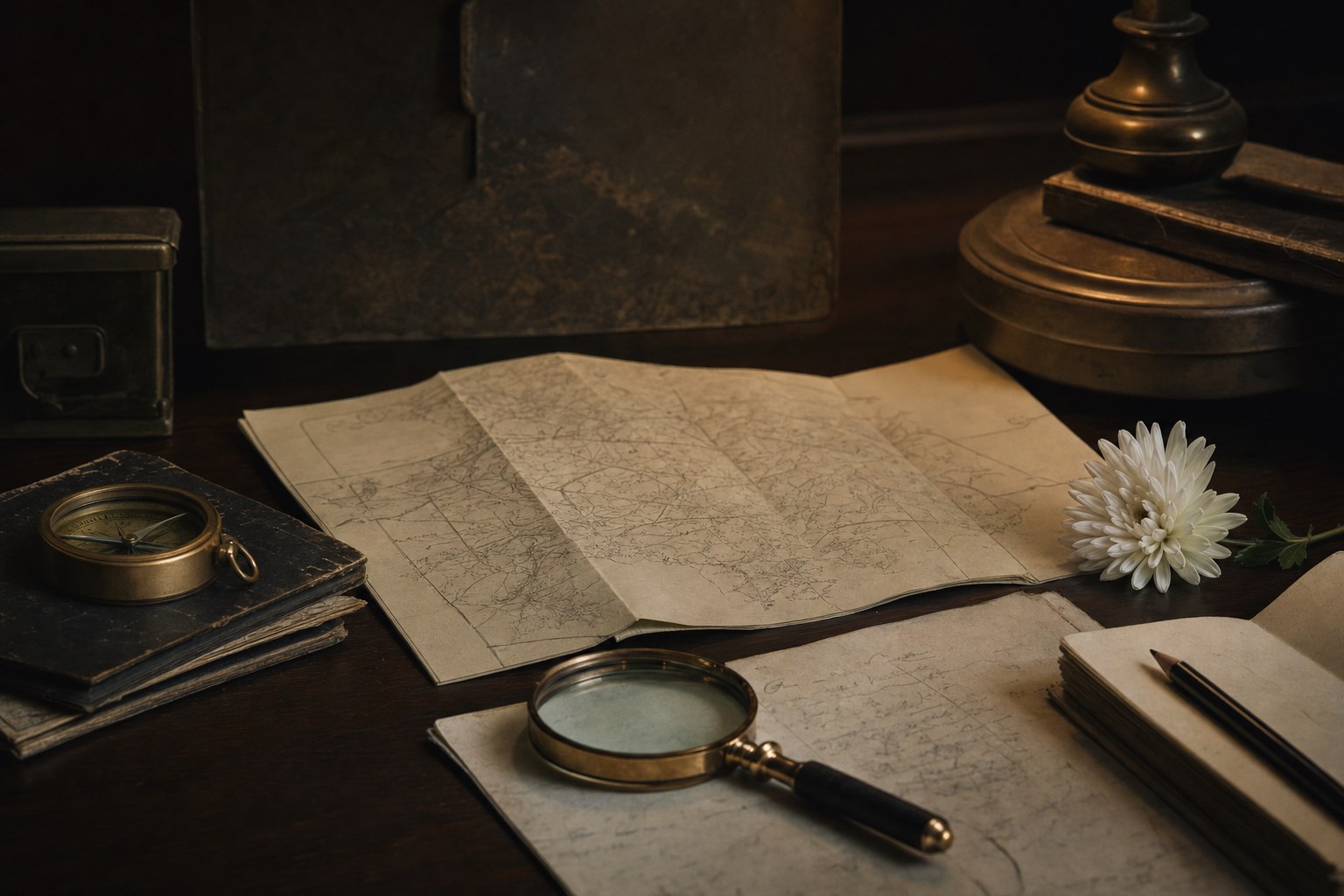 Archival research materials, a map, compass, and white flower on a dark table
