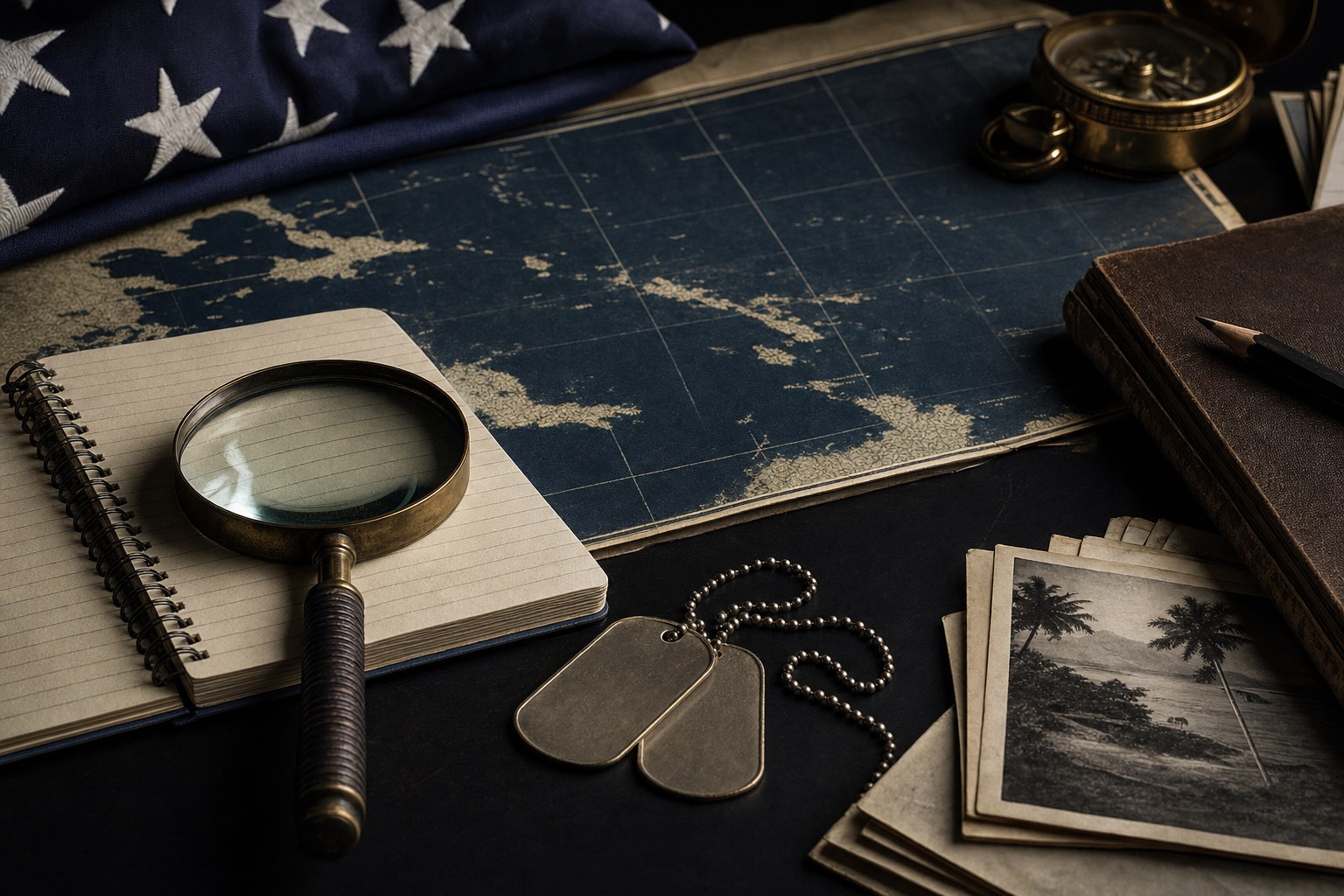 Archival research materials and a folded American flag arranged on a dark worktable