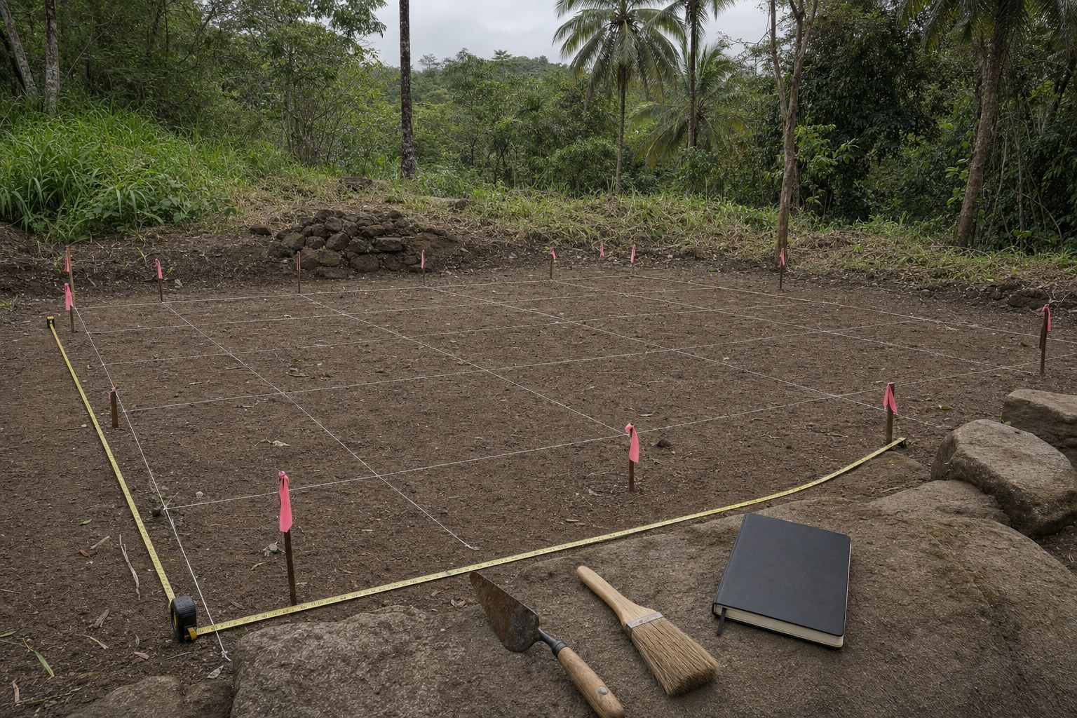Archaeological survey grid with field tools prepared for careful recovery work