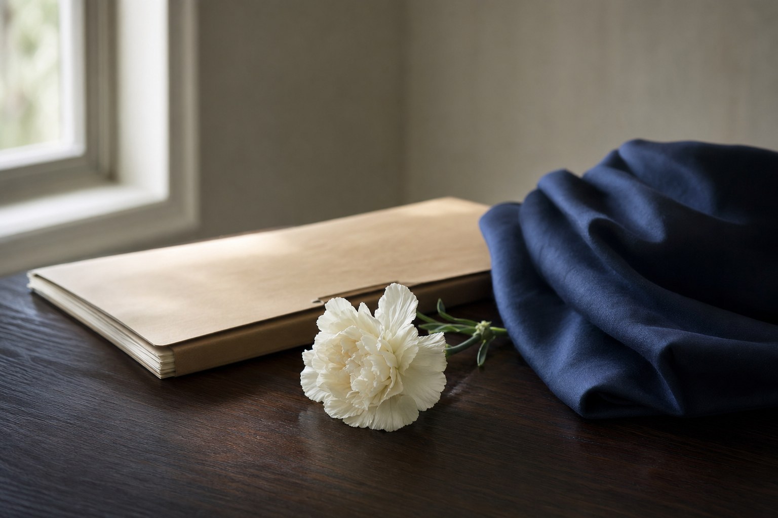 White flower and deep-blue fabric beside an archival folder in quiet light