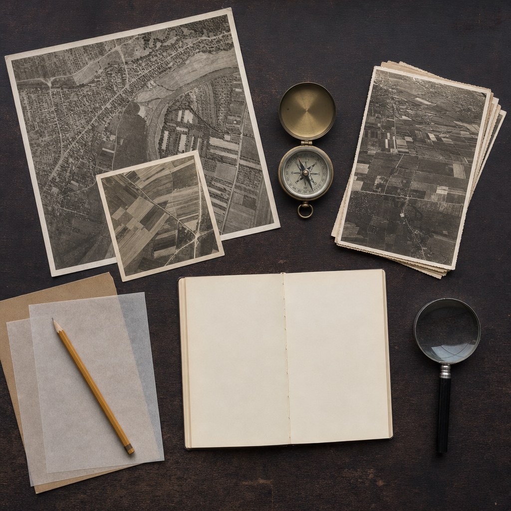 Archival aerial photographs, compass, pencil, and magnifying glass arranged for research