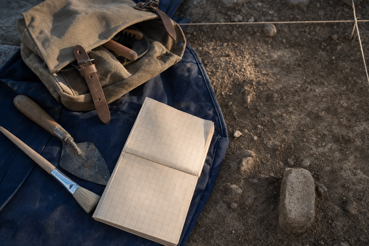 Archaeological field tools, notebook, and survey grid beside a prepared recovery area