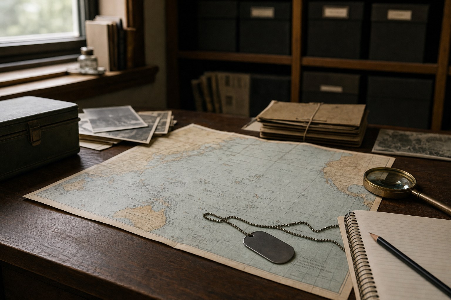 Archival desk with a Pacific map, dog tag, magnifier, and research notebook