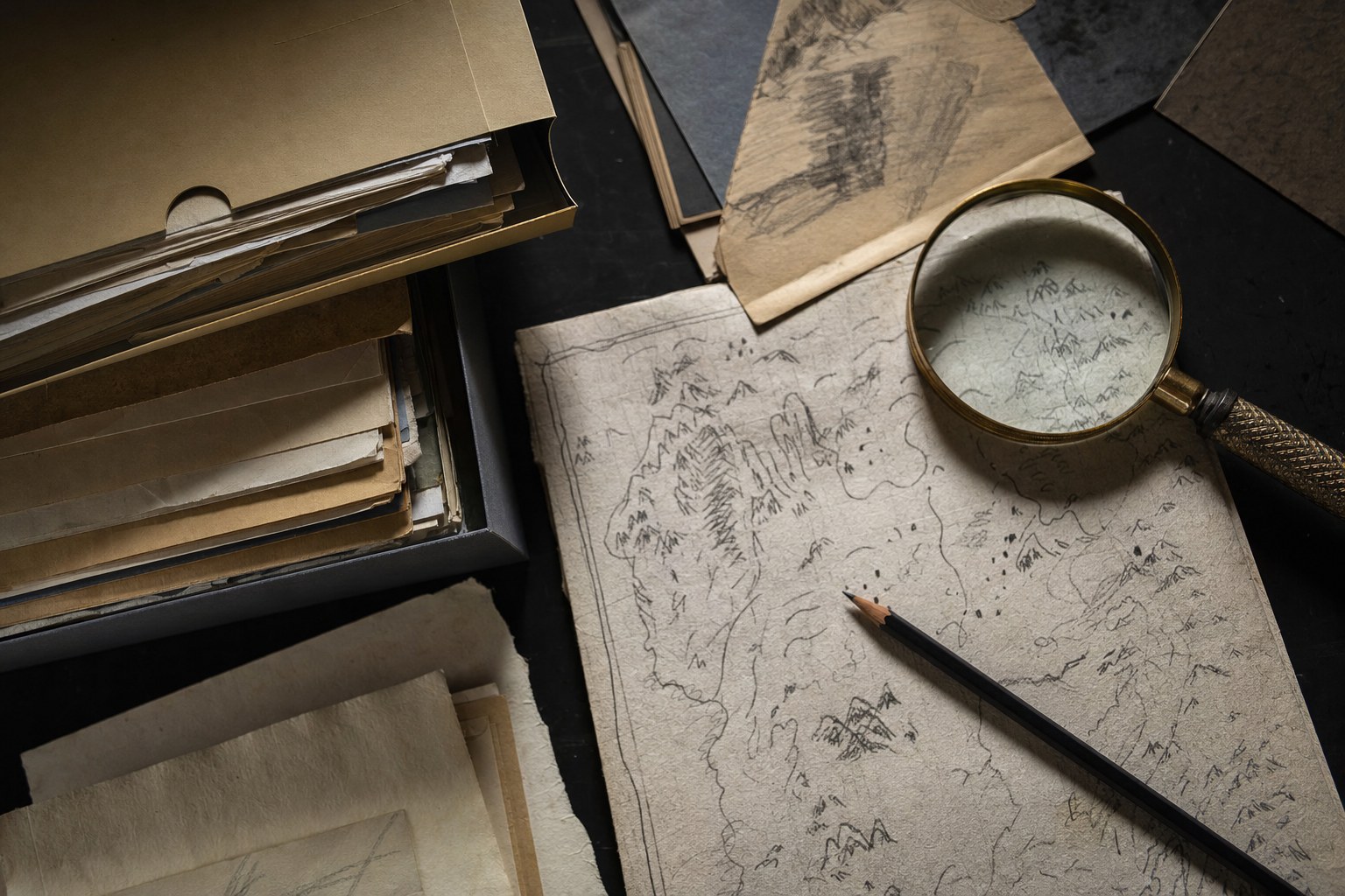 Archival folders, field map, pencil, and magnifying glass arranged for research