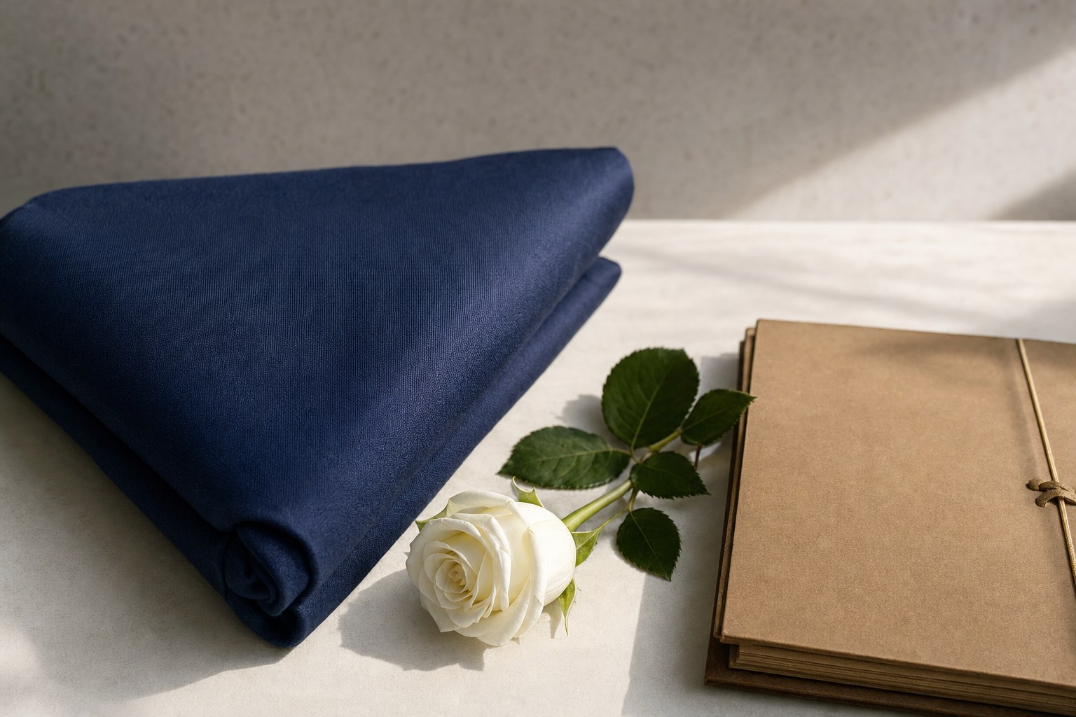 Folded deep-blue fabric, a white rose, and archival folder in soft light