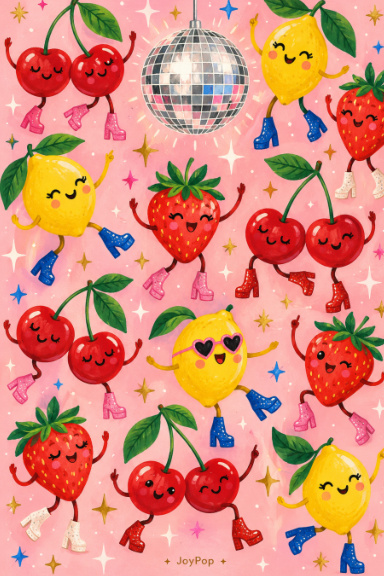 Disco Doodles journal cover with dancing cherries, lemons, and strawberries in disco boots