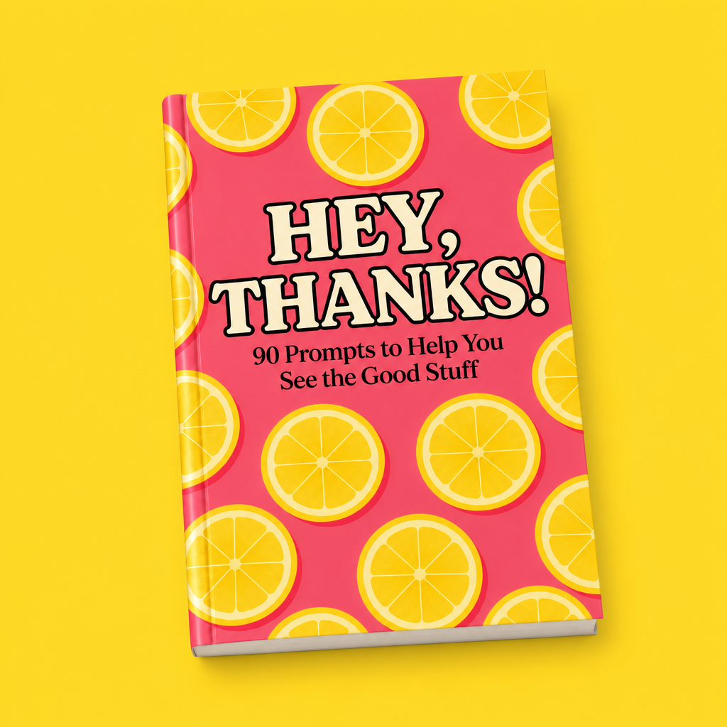 Hey, Thanks! guided gratitude journal on a lemon-yellow background