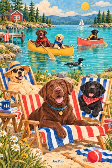 Out of Pawffice journal cover with dogs relaxing by a lake and paddling canoes