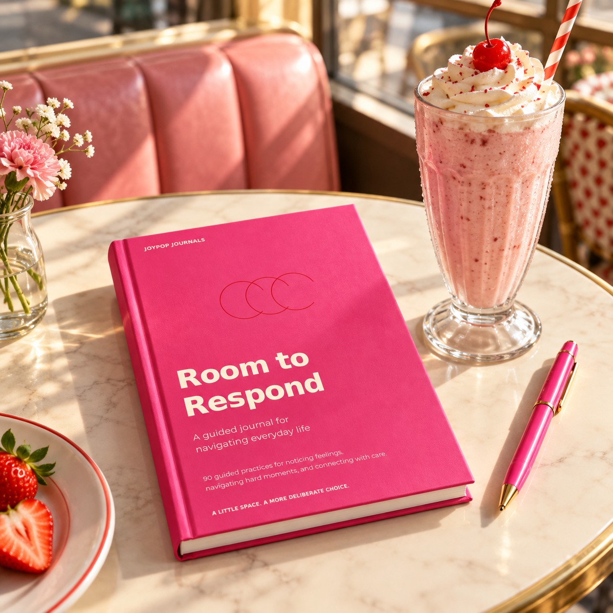 Room to Respond pink journal beside a strawberry milkshake and pink pen on a café table
