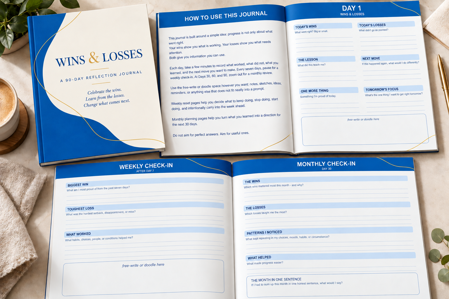 Wins & Losses journal interior showing the Day 1 reflection, weekly check-in, and monthly check-in pages