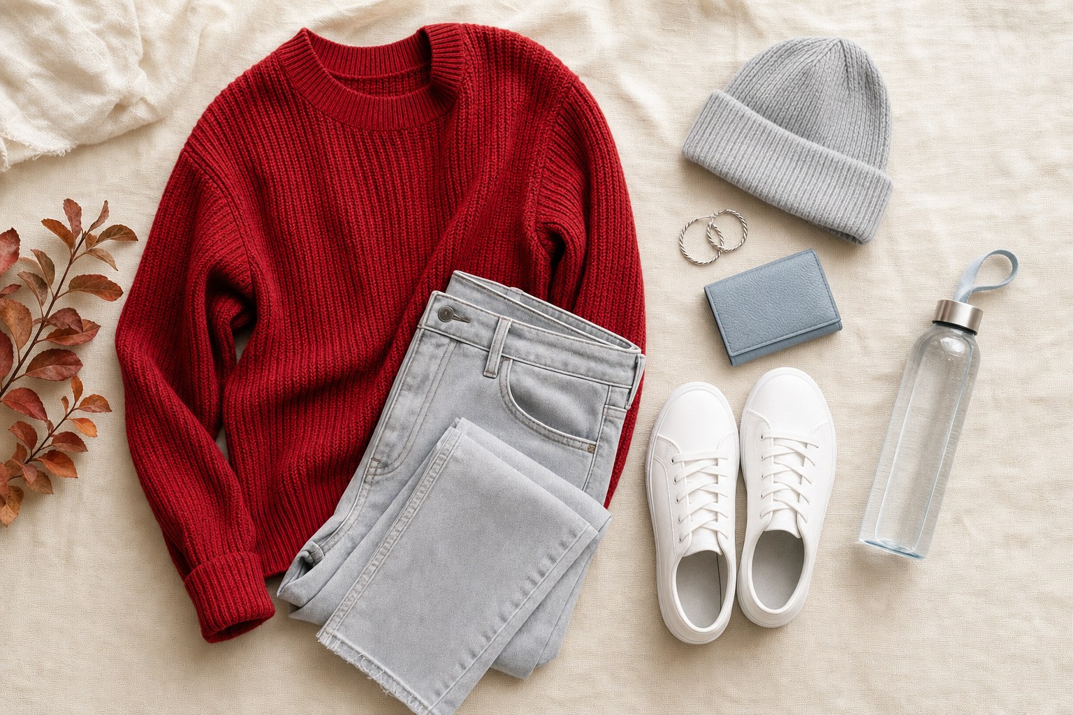 Scarlet and gray college game-day outfit arranged on cream linen