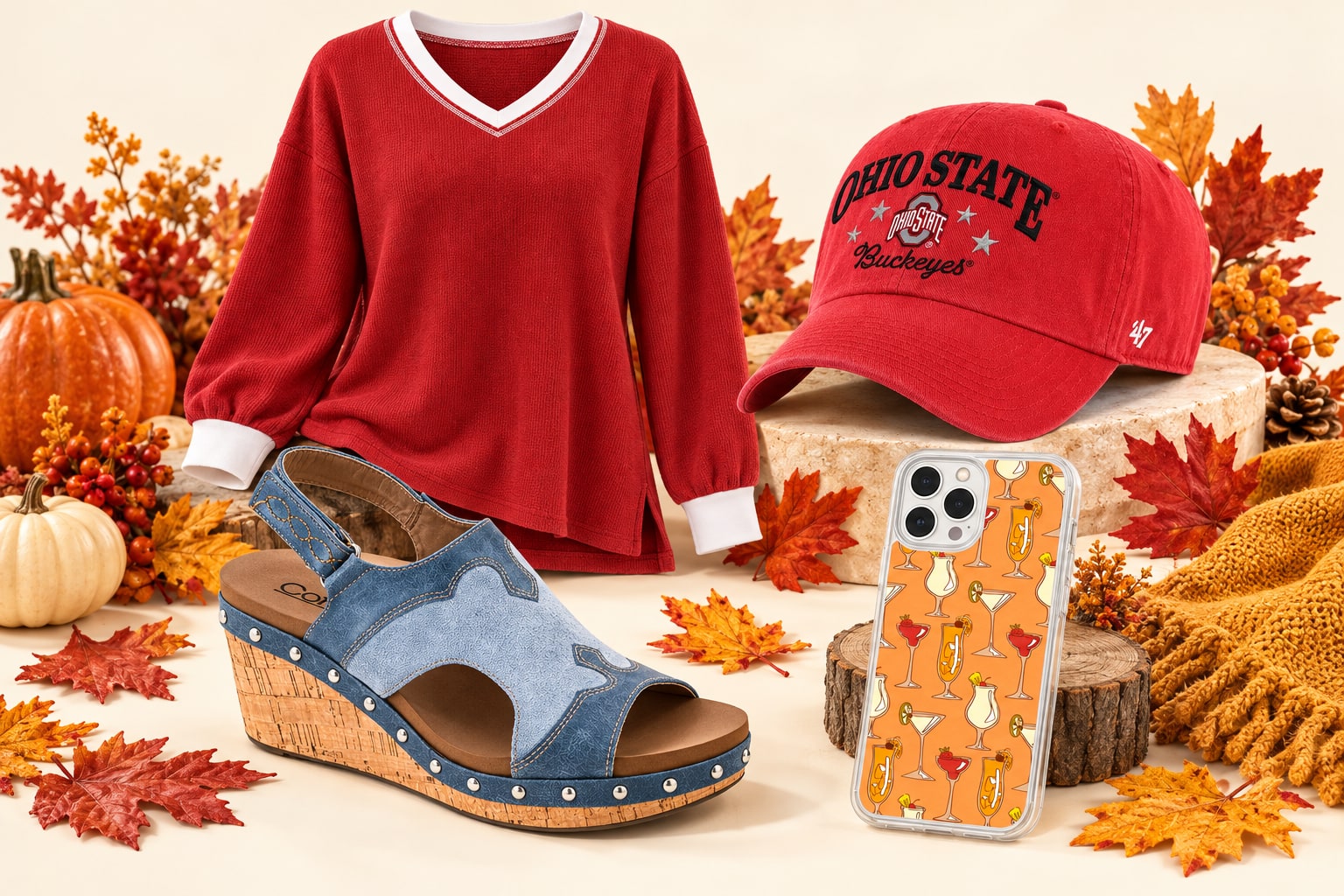 Fall product edit featuring a red sweater, Ohio State cap, blue wedge sandal, and cocktail phone case