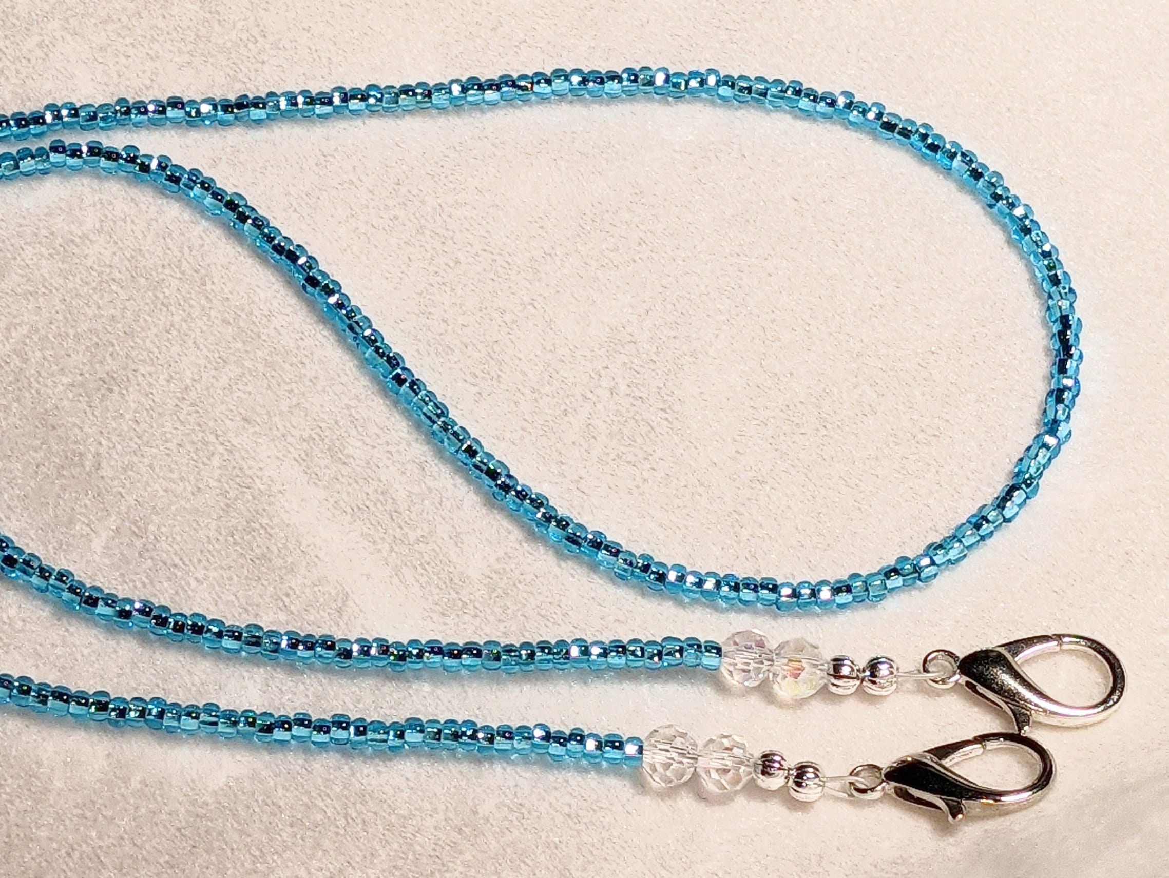 Aqua Blue Seed Bead Eyeglass Chain Lanyard: Czech Glass & Crystal
