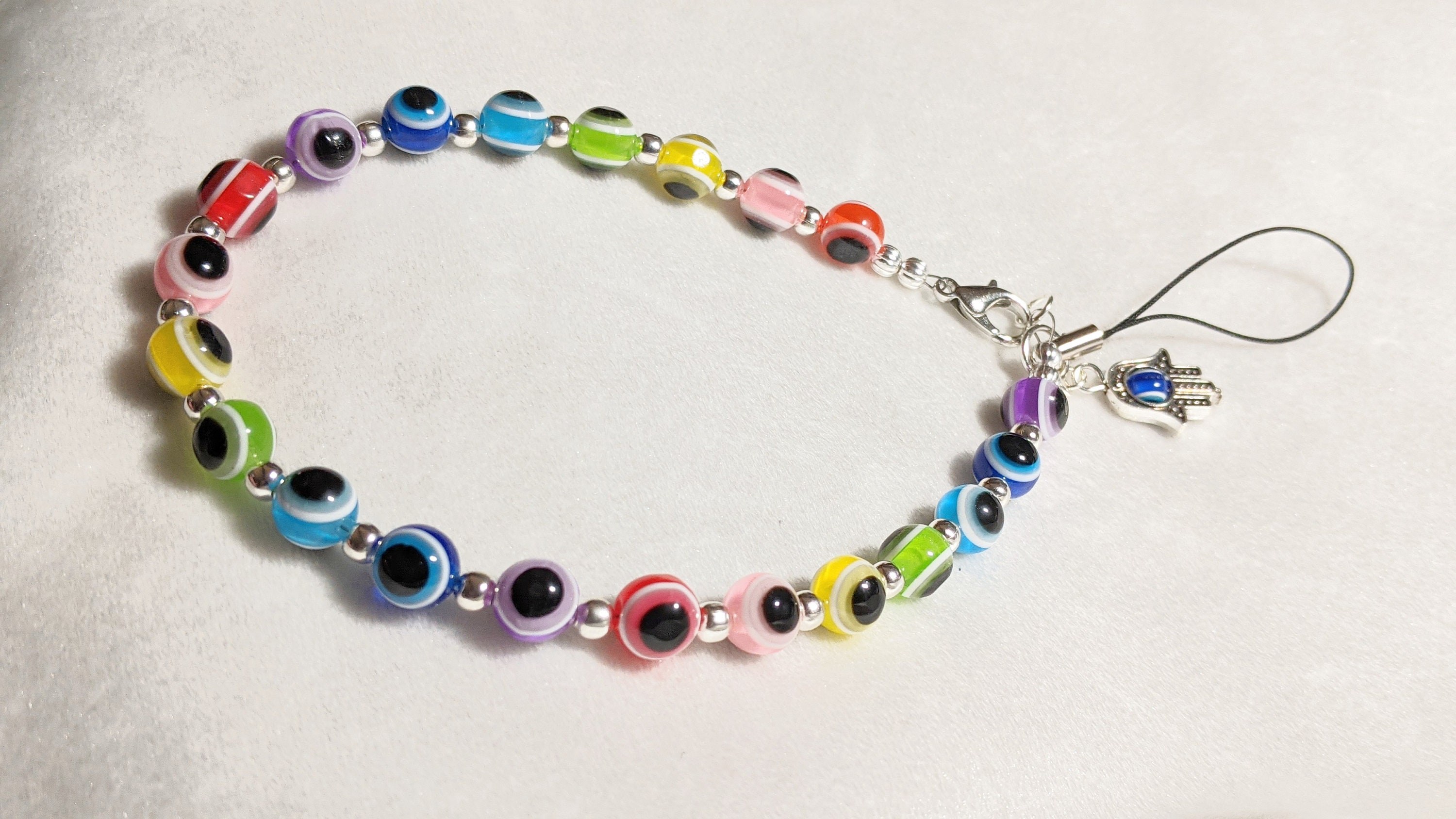 Evil Eye Cell Phone Strap: Rainbow Beads, Hamsa Hand Charm