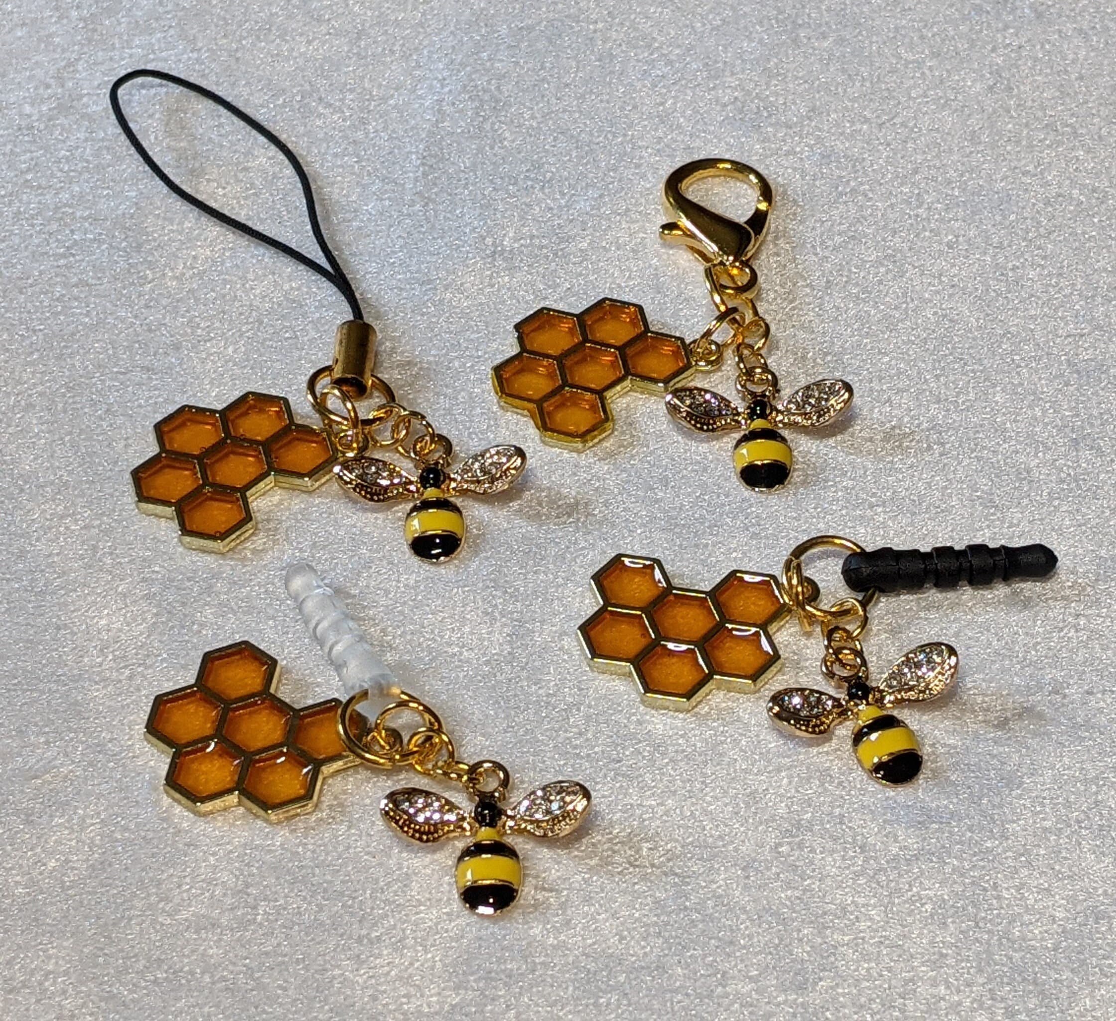Honeycomb Bee Charm: Crystal Wings, Phone Charm, Zipper Pull
