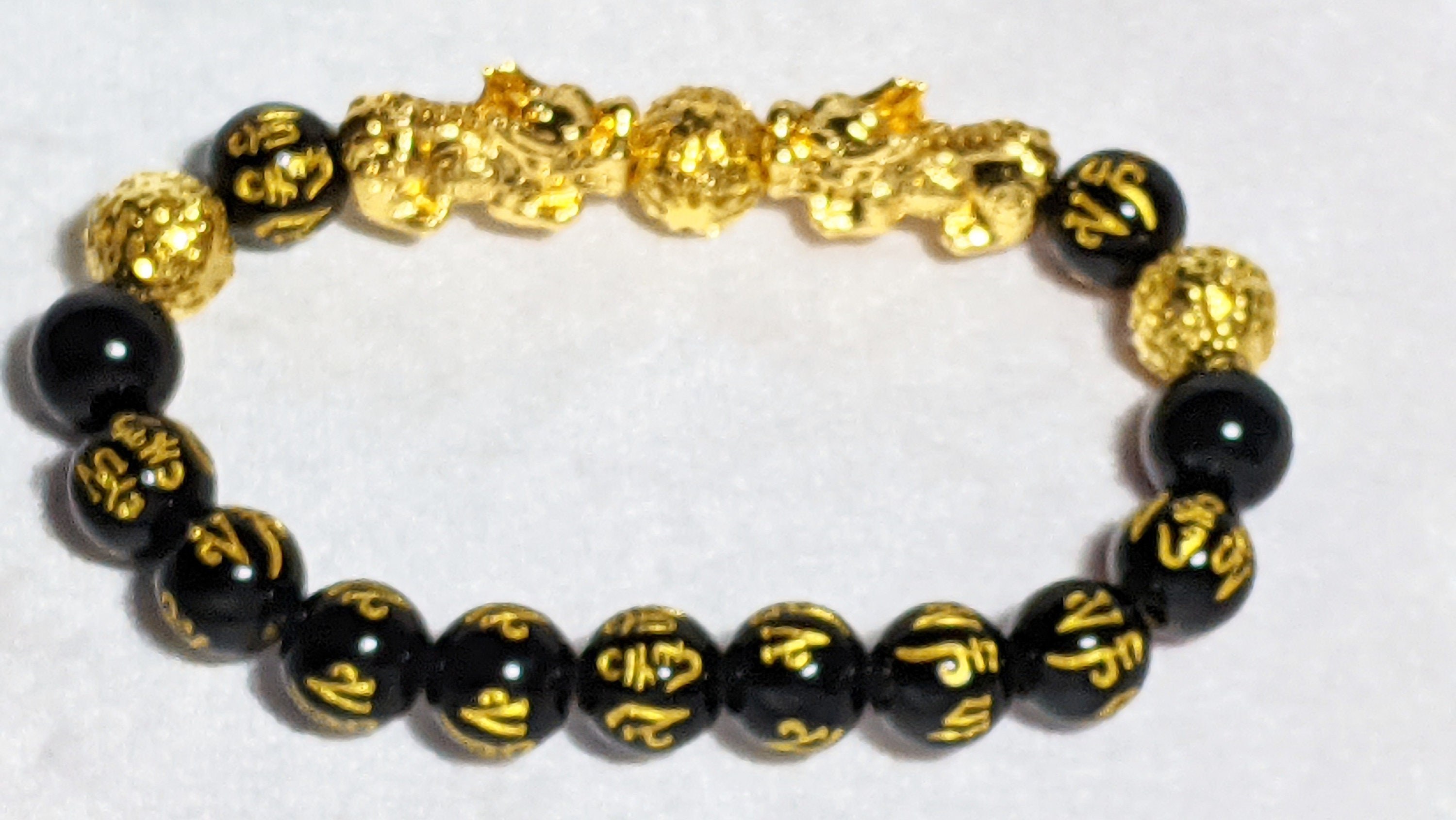 Pi Xiu Dragon Bracelet: 14Kt Plated Feng Shui Obsidian Bead