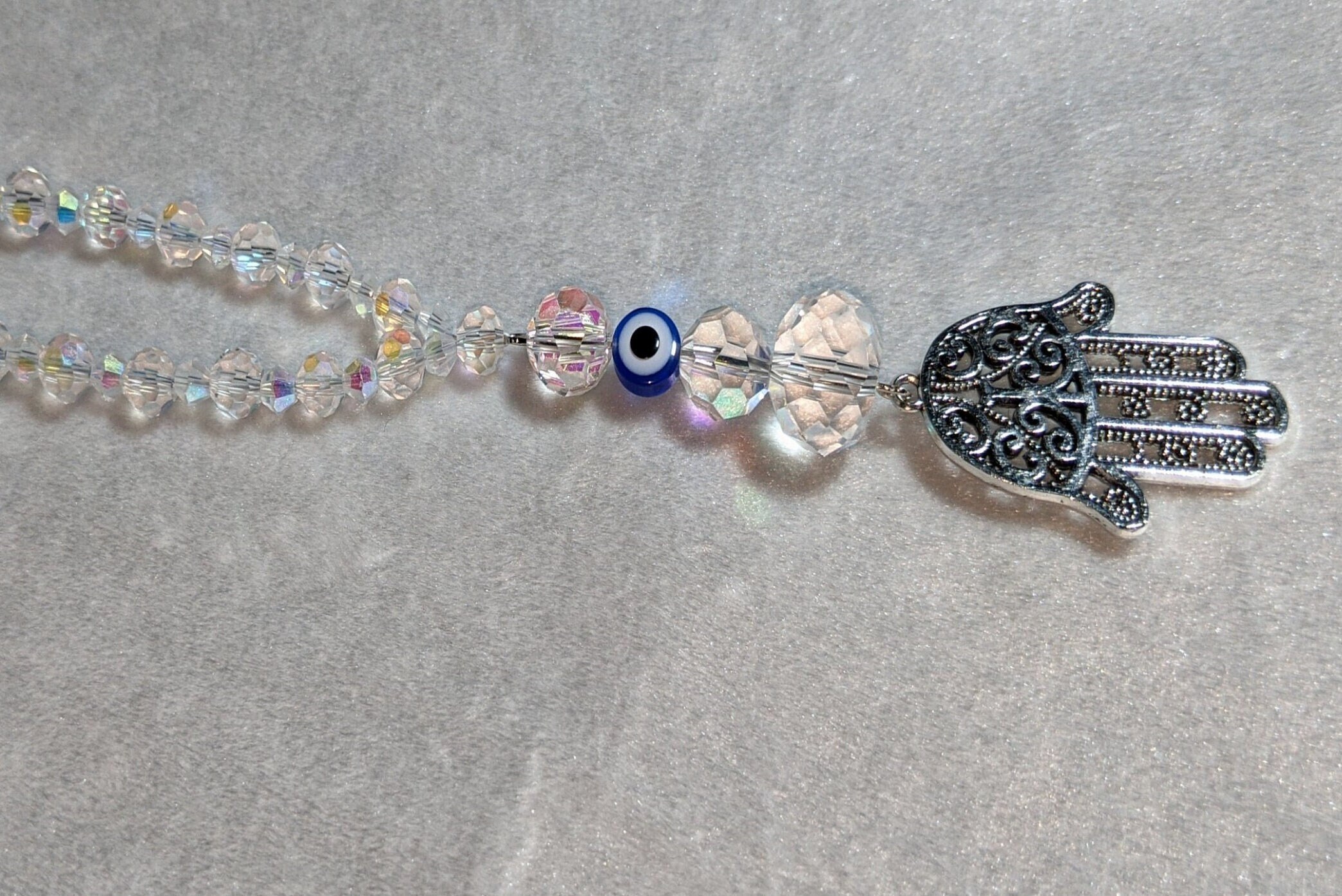 Hamsa Hand Evil Eye Car Charm: AB Crystals Suncatcher