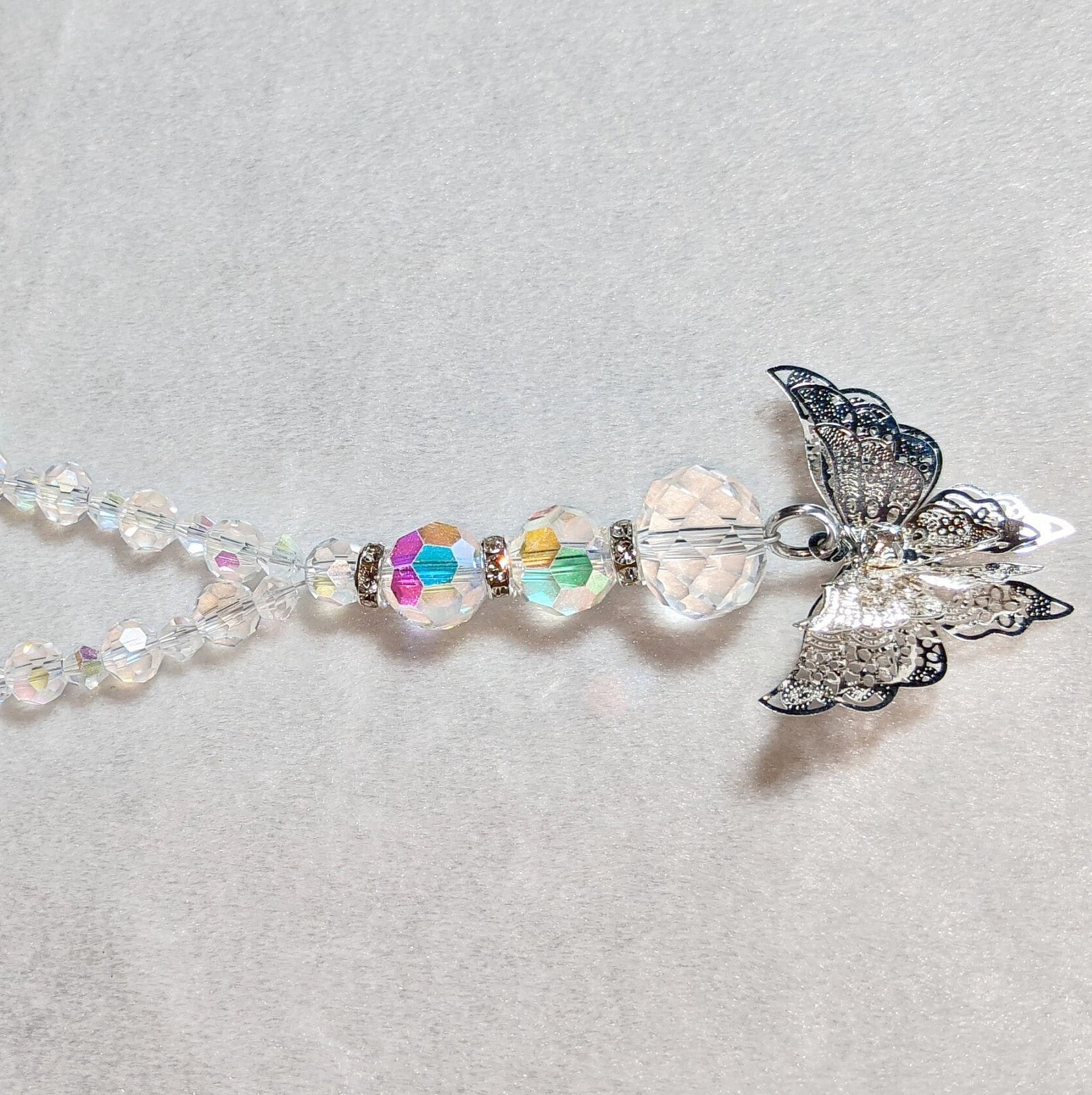 AB Crystal Butterfly Car Charm: Silver Triple Winged Rear View Mirror Suncatcher
