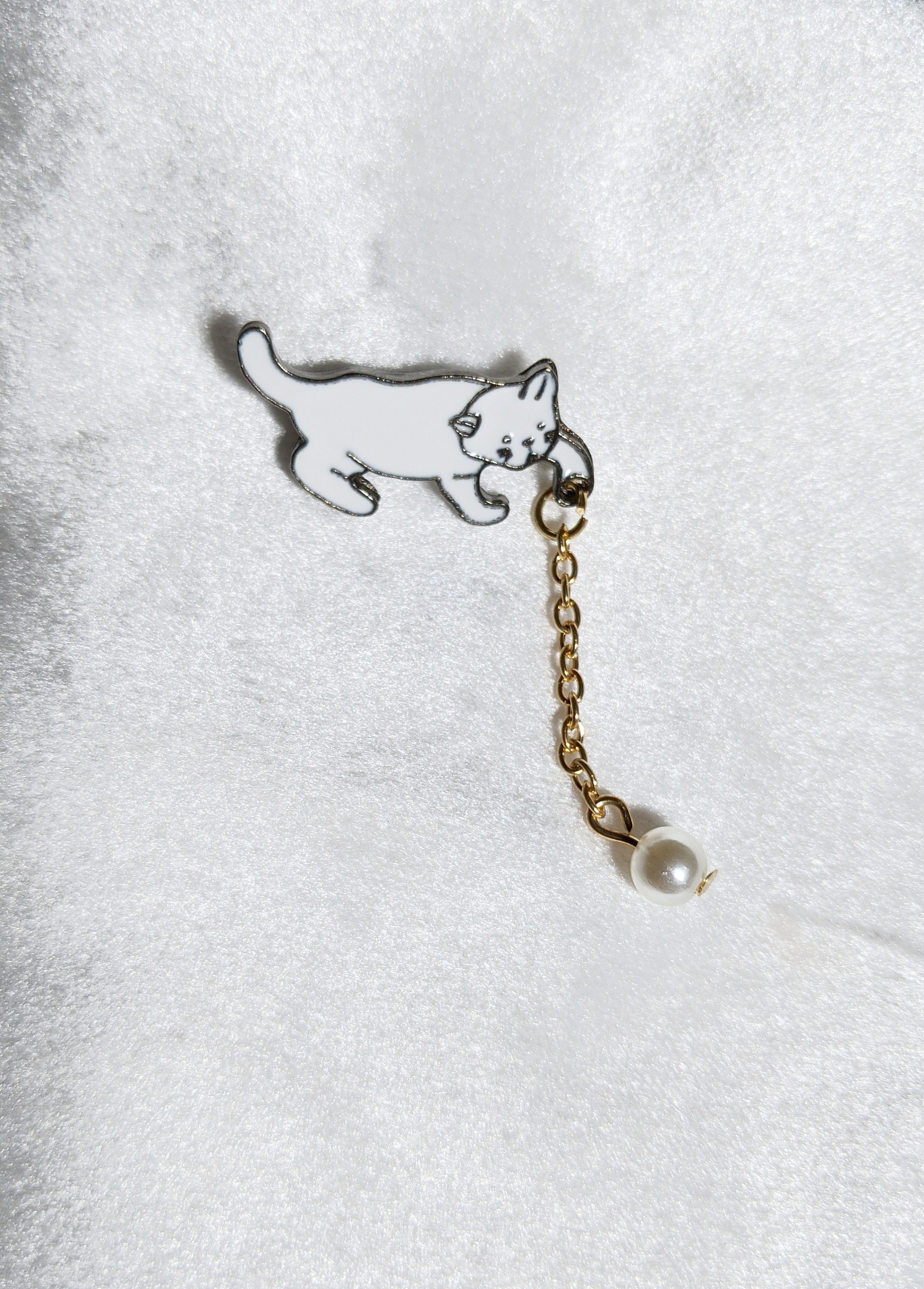 White Cat Pin Brooch: Gold Chain, Pearl Ball, Kitty Gift