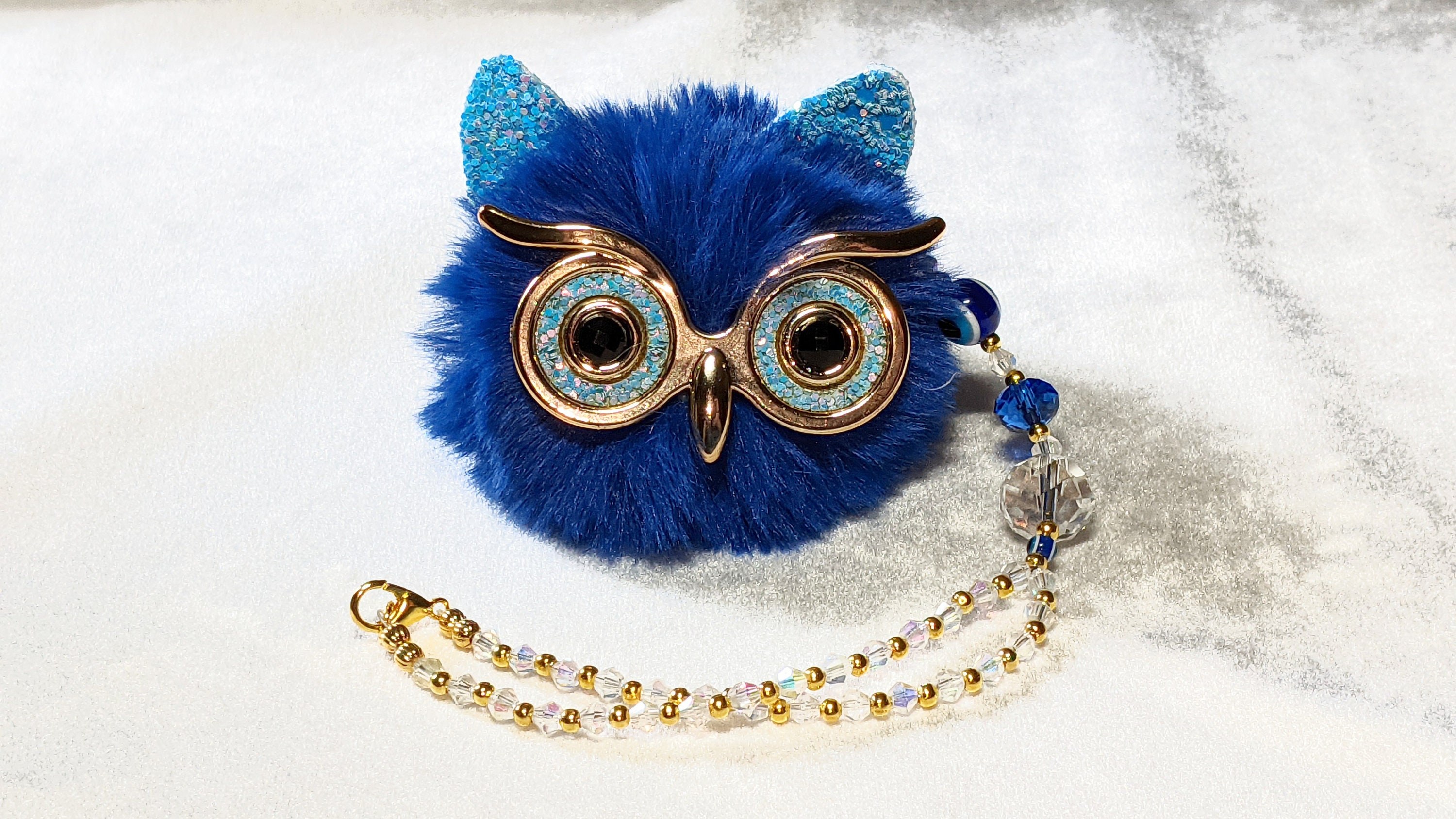 Blue Owl Evil Eye Car Charm: Gold Accents, AB Crystals Amulet