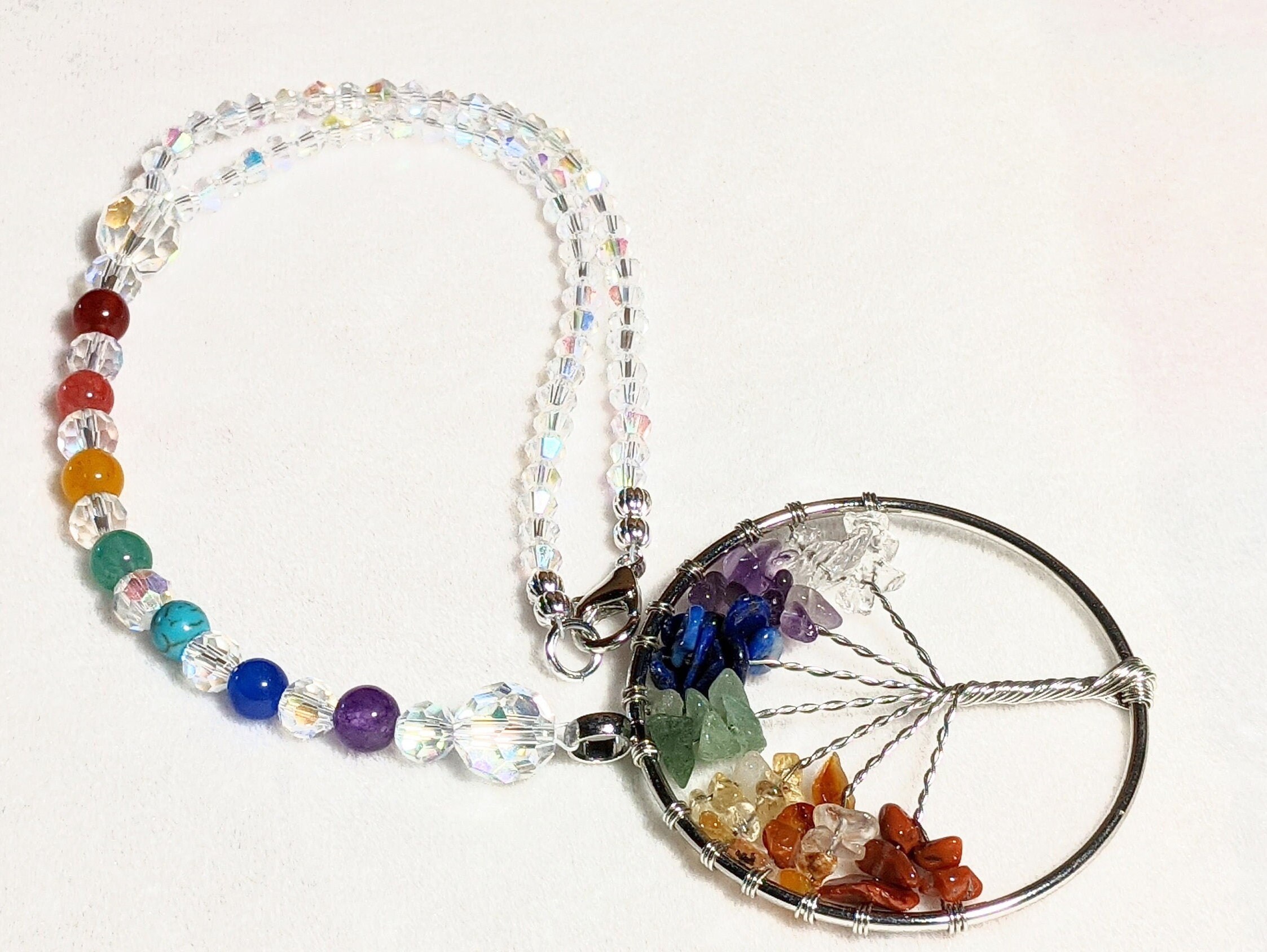 Chakra Tree of Life Car Charm: AB Crystals, Natural Stone Beads