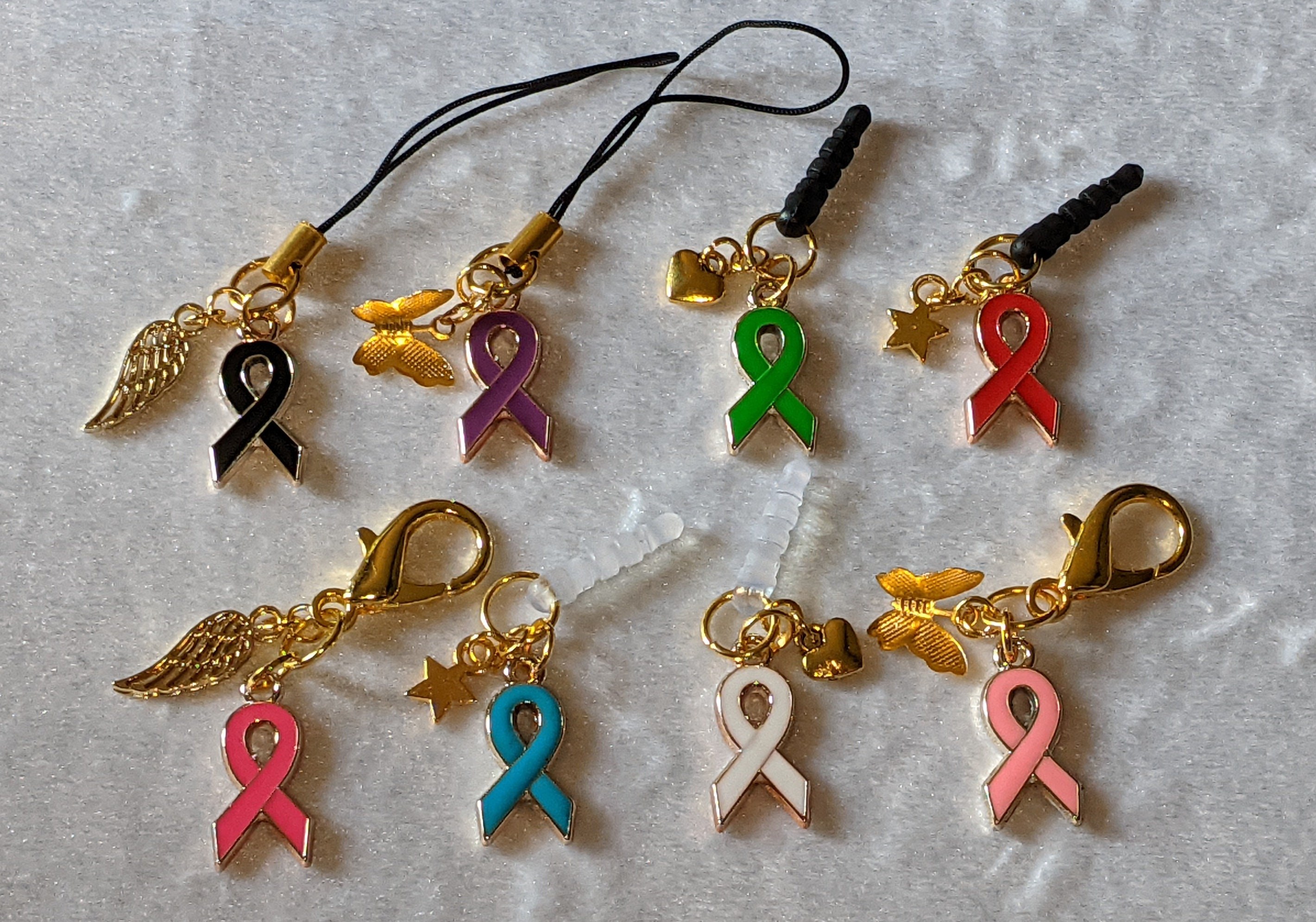 Cancer Awareness Ribbon Charm: Gold Enamel Zipper Pull, Keychain, or Phone Charm
