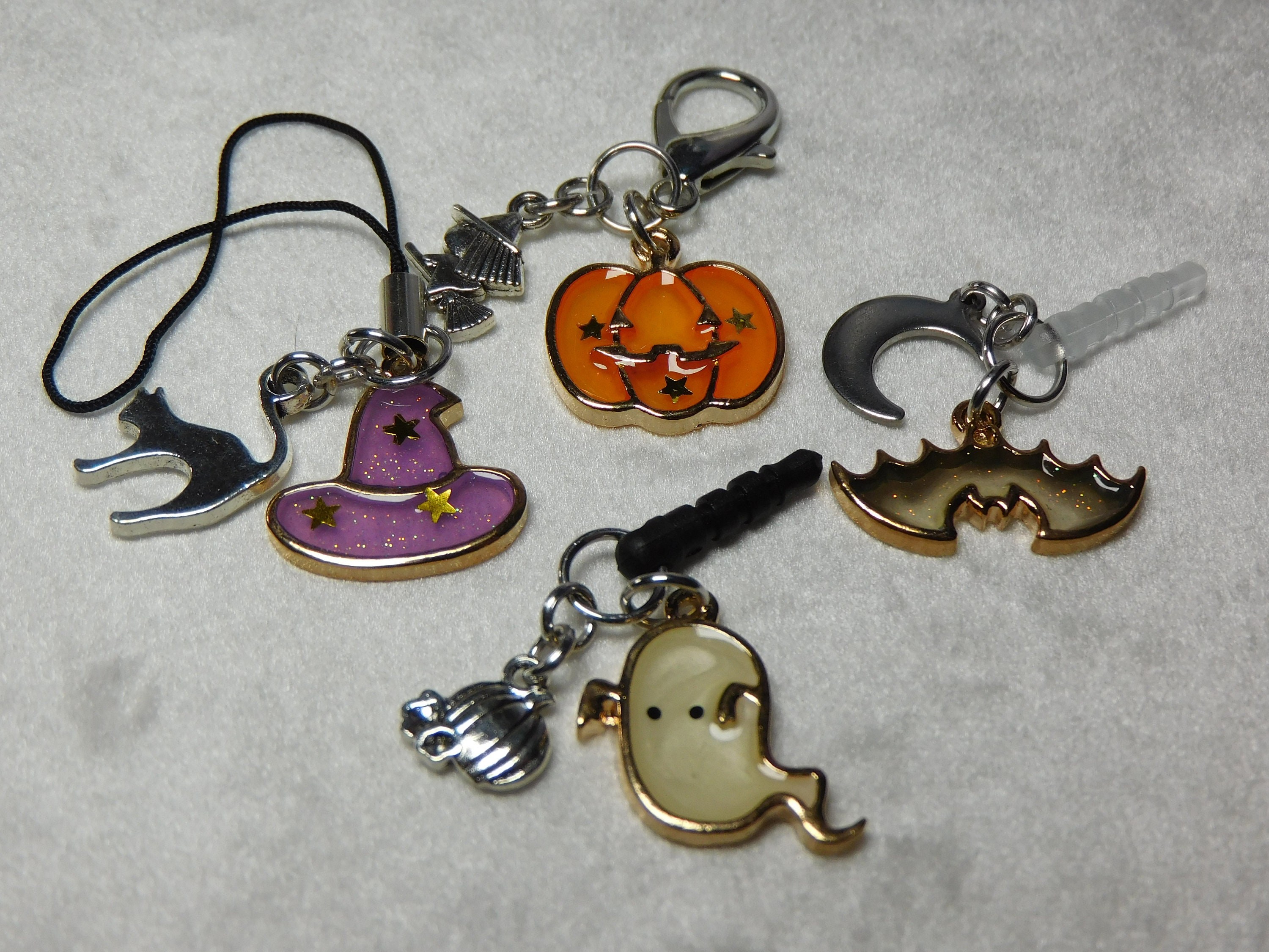 Halloween Enamel Cell Phone Charm: Witch, Ghost, Bat, Pumpkin