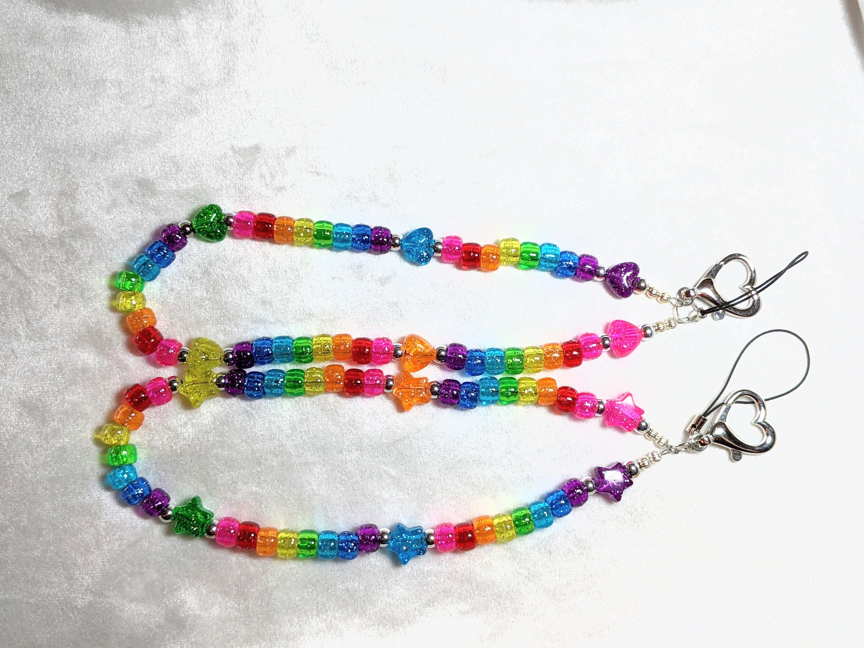 Y2K Cell Phone Strap: Rainbow Glitter Beads with Silver Heart Clasp