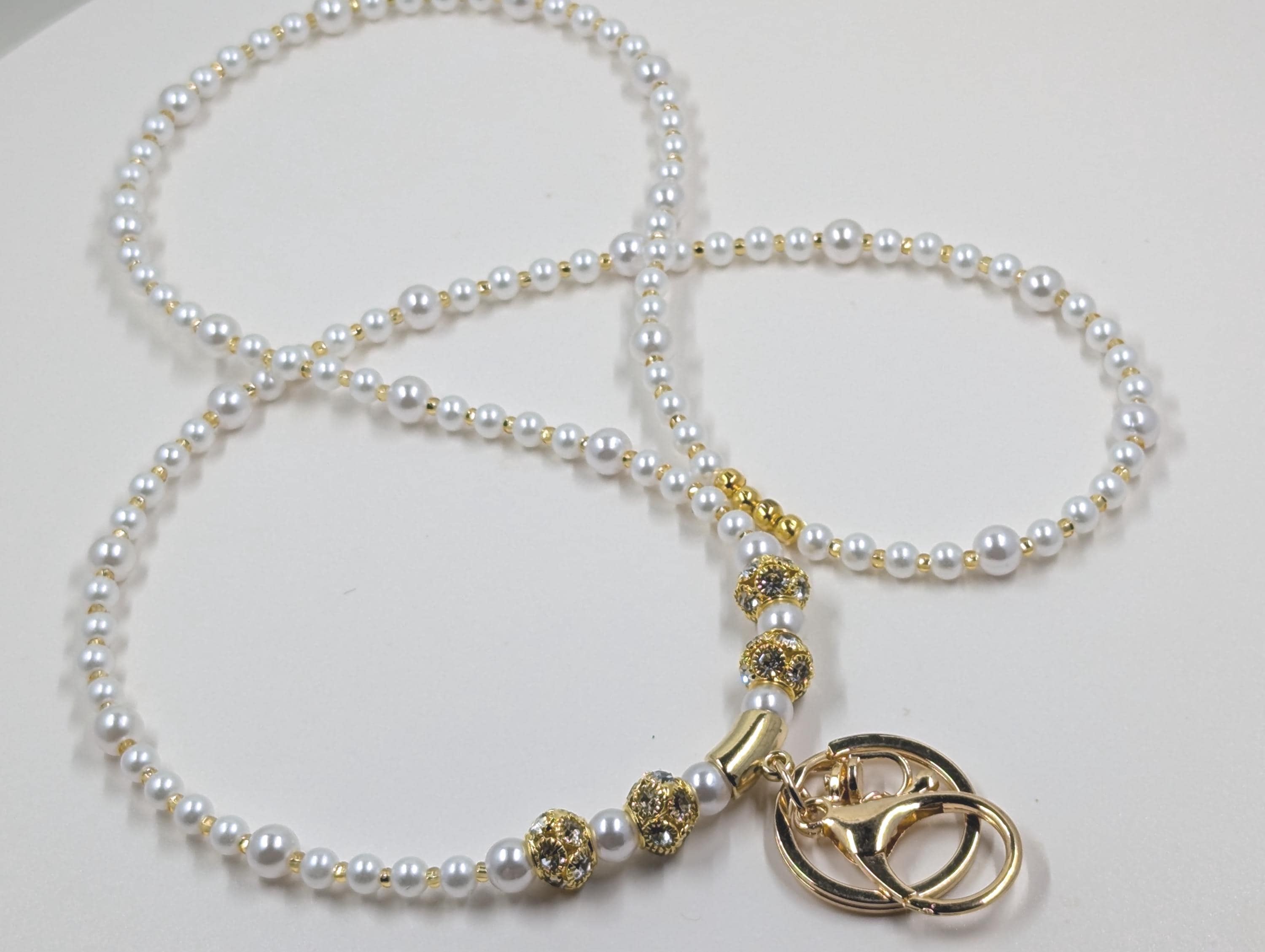 Pearl Lanyard: Gold Czech Beads, Rhinestone Accents - Nurse Teacher ID Badge