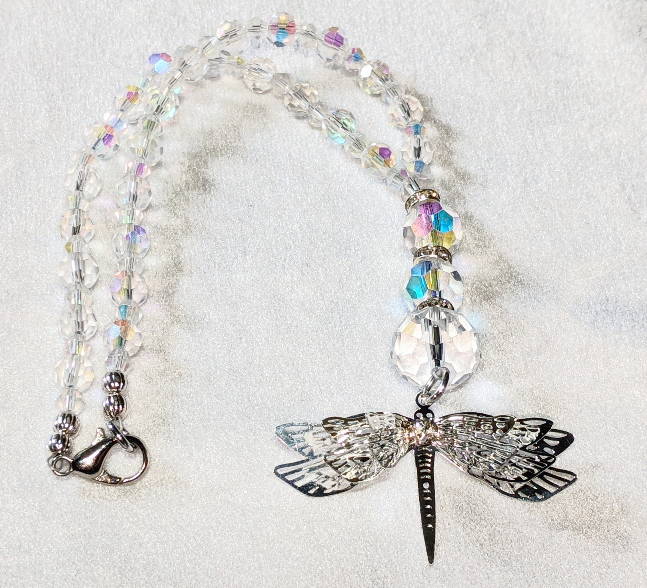 Crystal Dragonfly Rear View Mirror Charm: AB Rhinestone Car Suncatcher