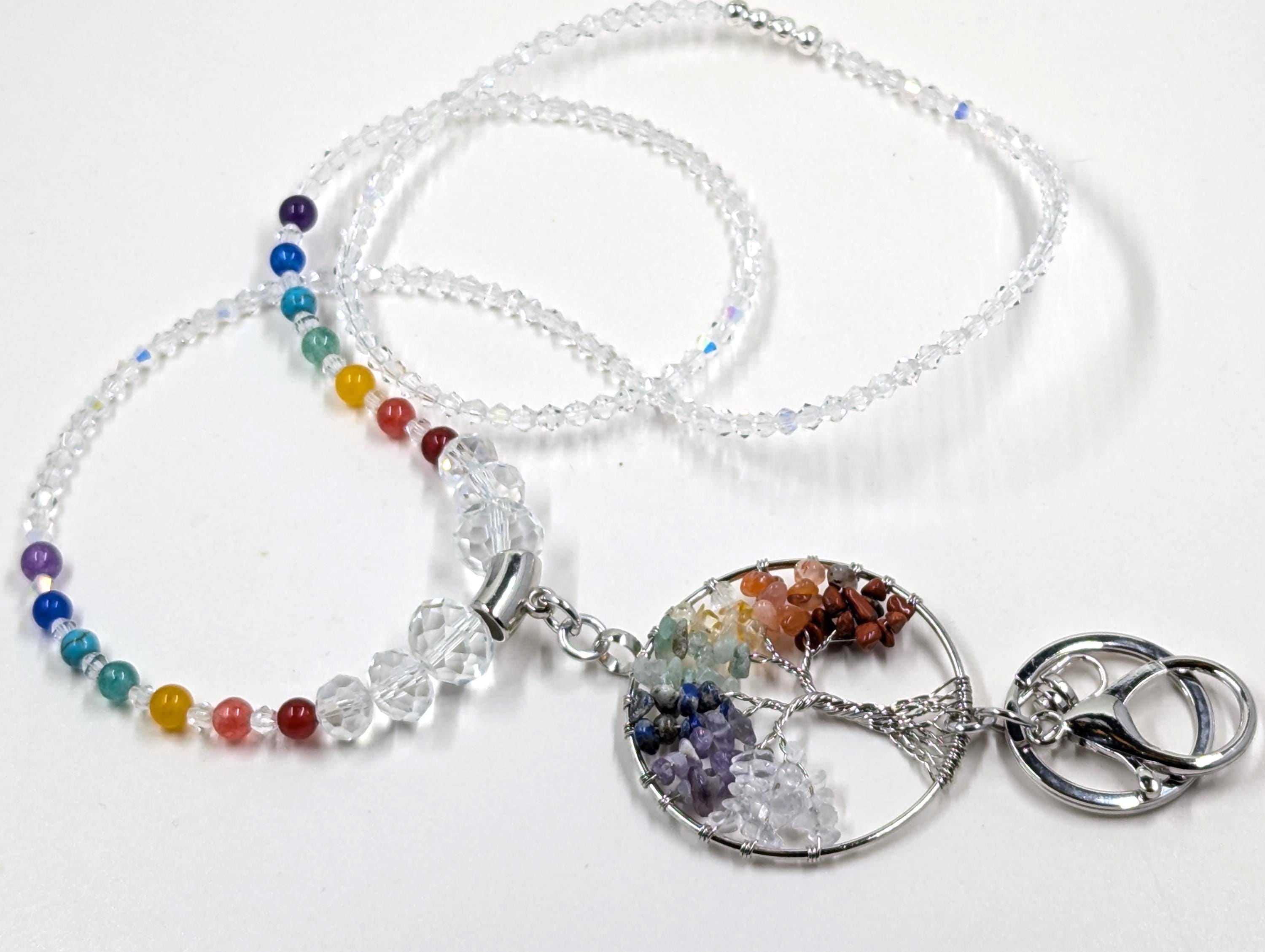 Lanyard Tree of Life Chakra: Natural Stone Beads & AB Crystals Gift Length Variations