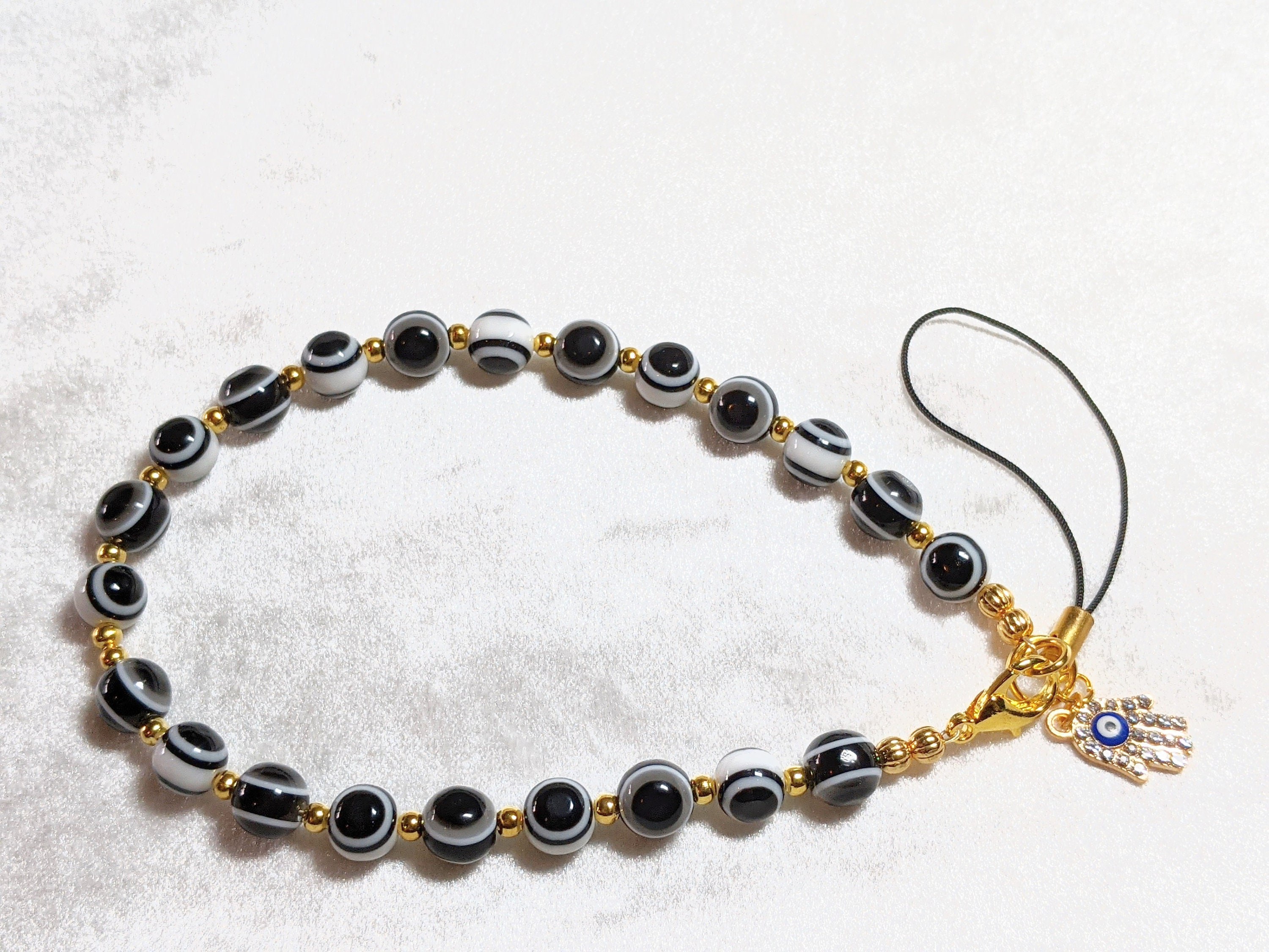 Evil Eye Cell Phone Charm: Hamsa Hand, Rhinestones, Gold Beads