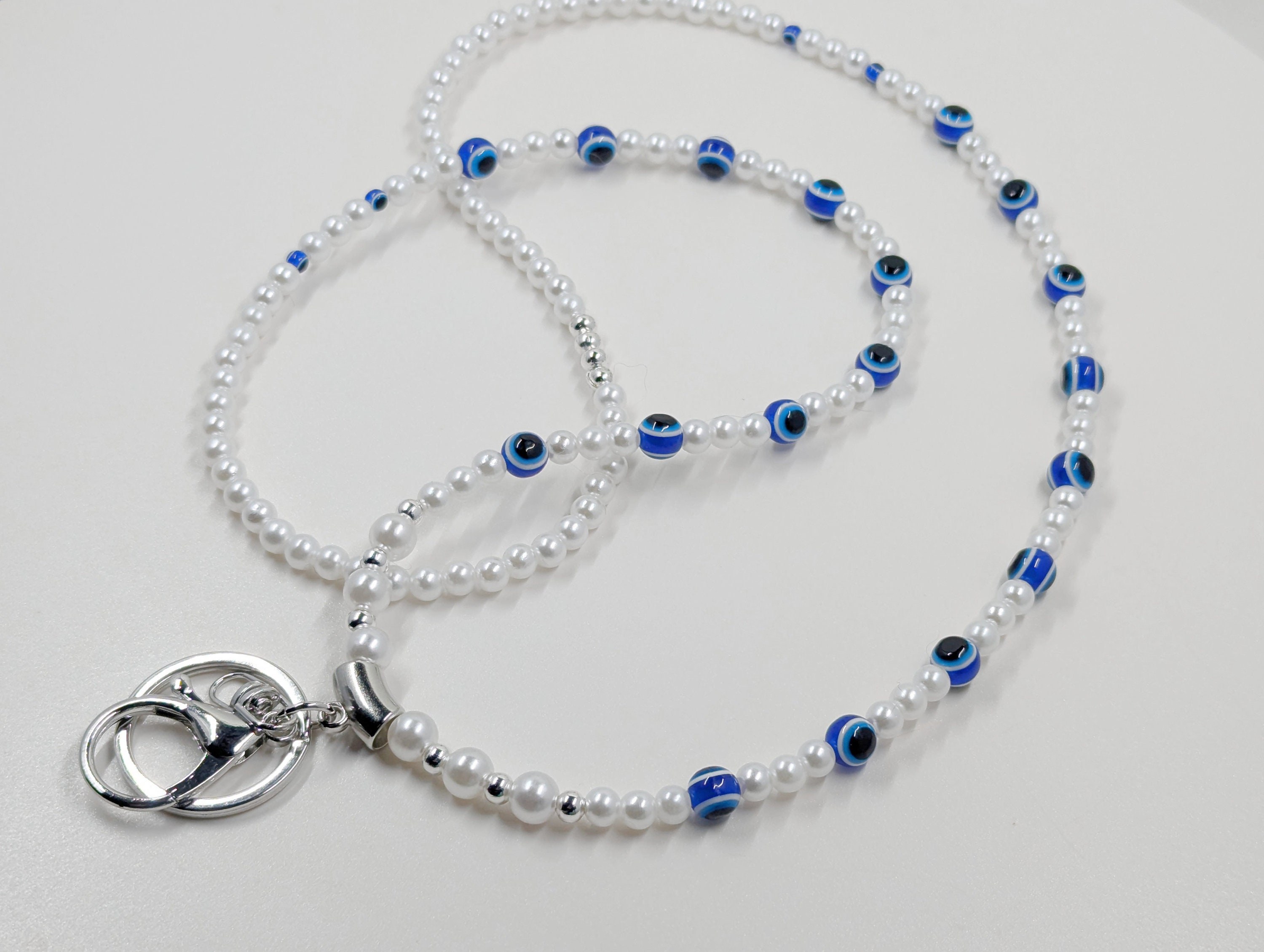 Evil Eye Lanyard: White Pearls, Bling Badge, Teacher Nurse Gift length variations