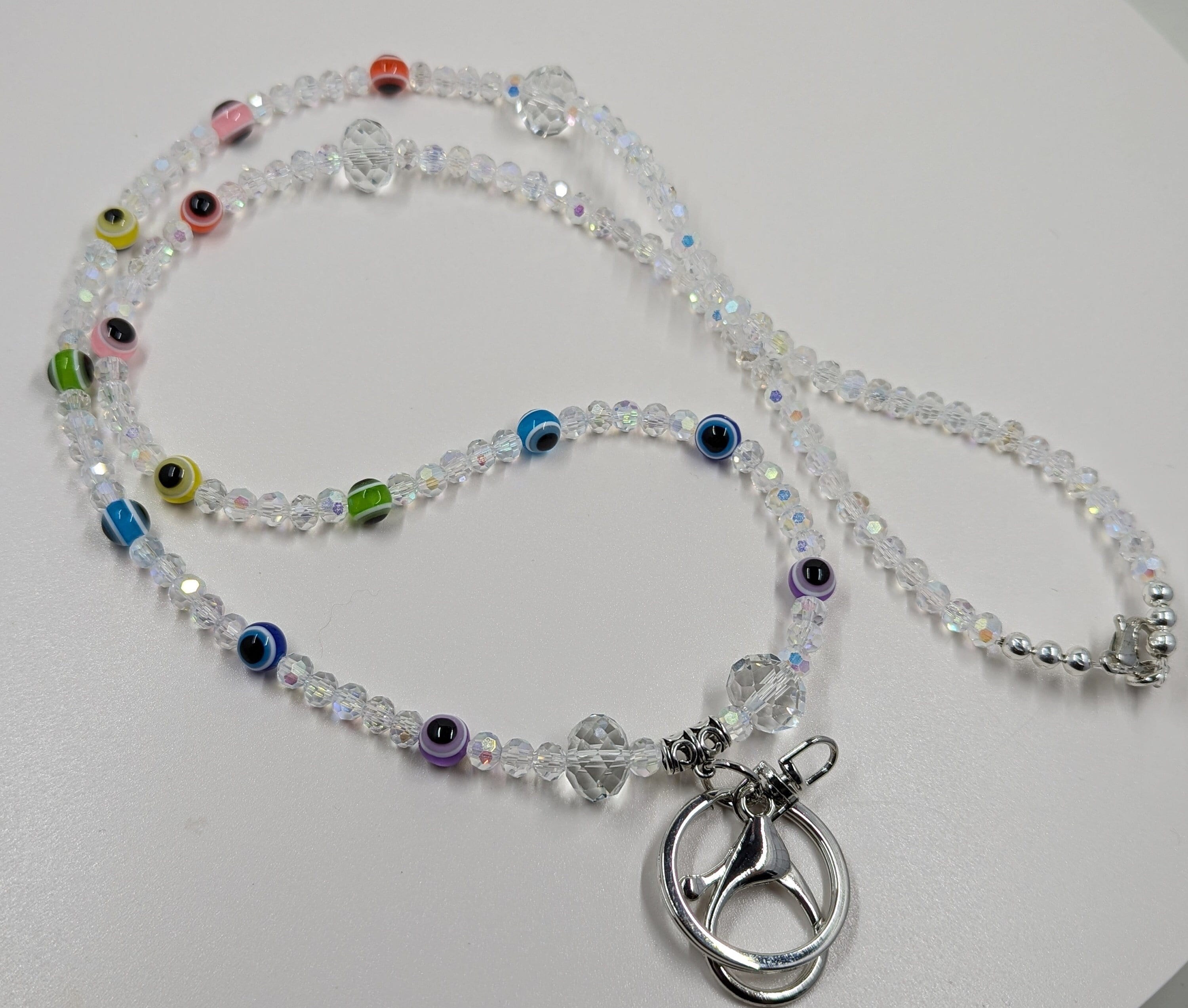 AB Crystal Czech Fire Polished Aurora Boreallis ID Lanyard Badge Holder, Length Variations Rainbow Evil Eyes
