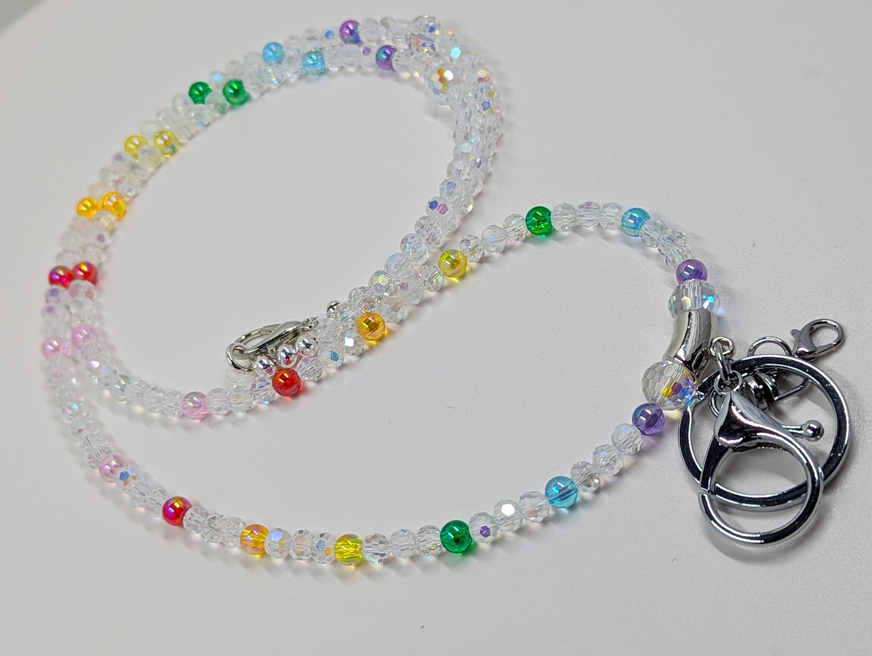 AB Czech Fire Polished Crystals Beaded with Rainbow Bubble Beads Lanyard: Badge ID Holder