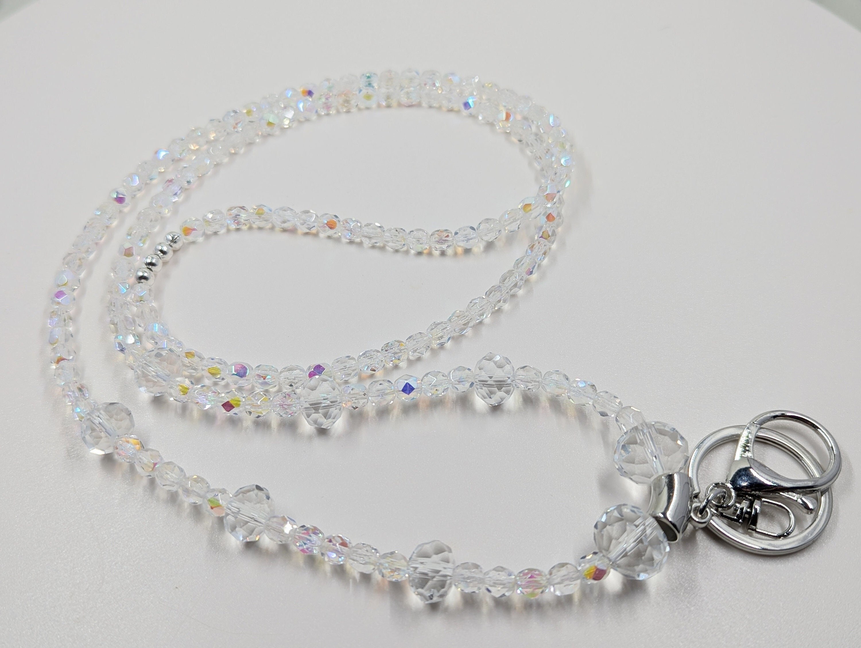Bling Czech AB Crystals Fire Polished Faceted Aurora Boreallis ID Badge Lanyard: Elegant Women's Teacher Nurse Gift Variations