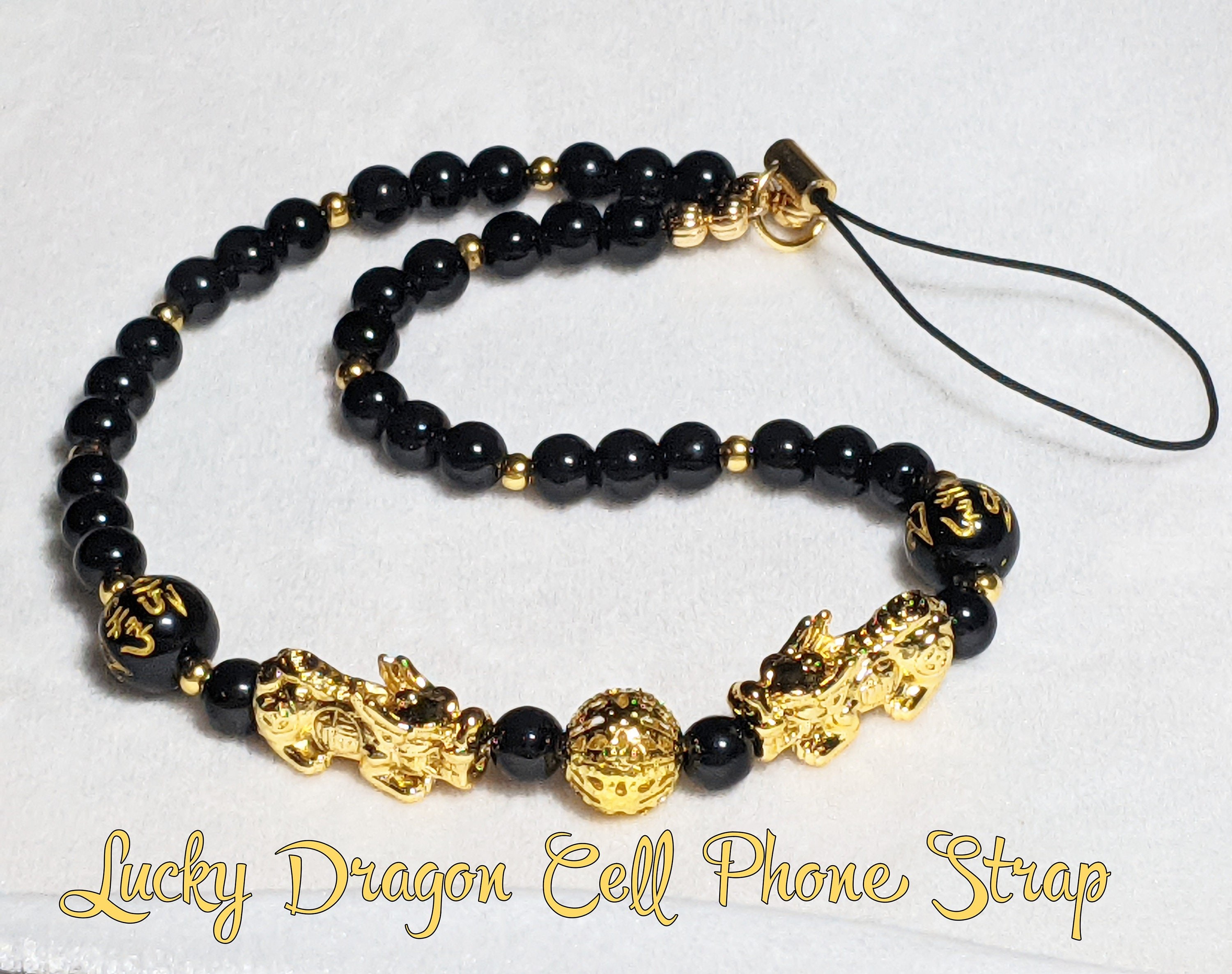 Lucky Pi Xiu Cell Phone Strap: Black Obsidian, Gold Dragon Charm