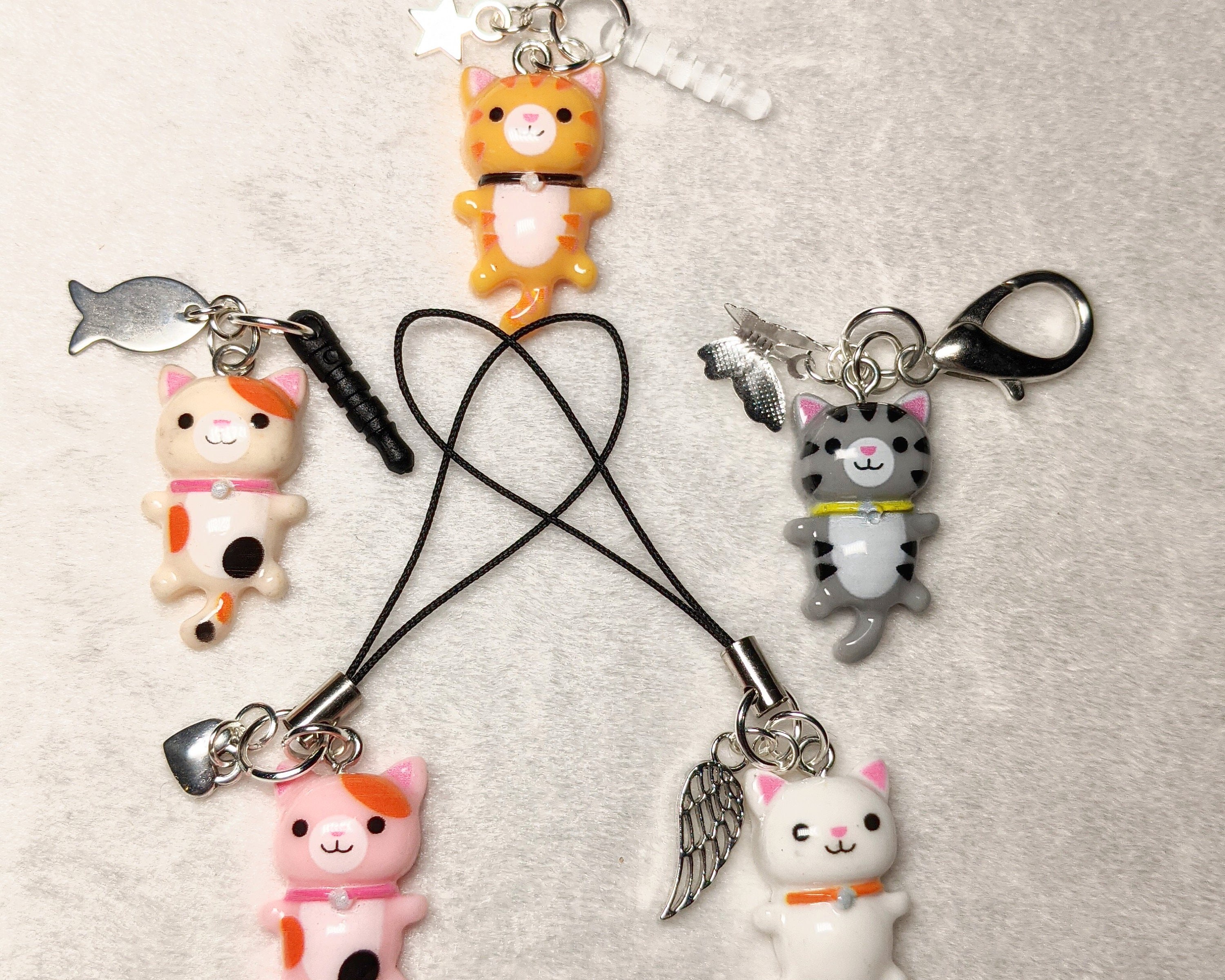Cute Cat Charm, Phone, Keychain, Zipper Pull with Gold Charm