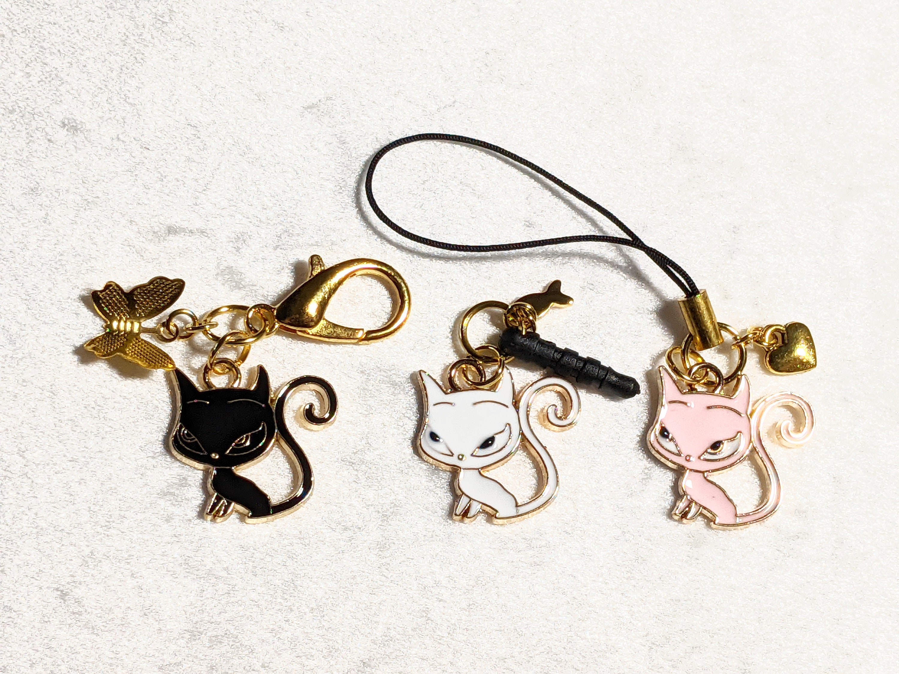 Enamel Cat Charm: Phone, Zipper, Keychain with Gold Accent