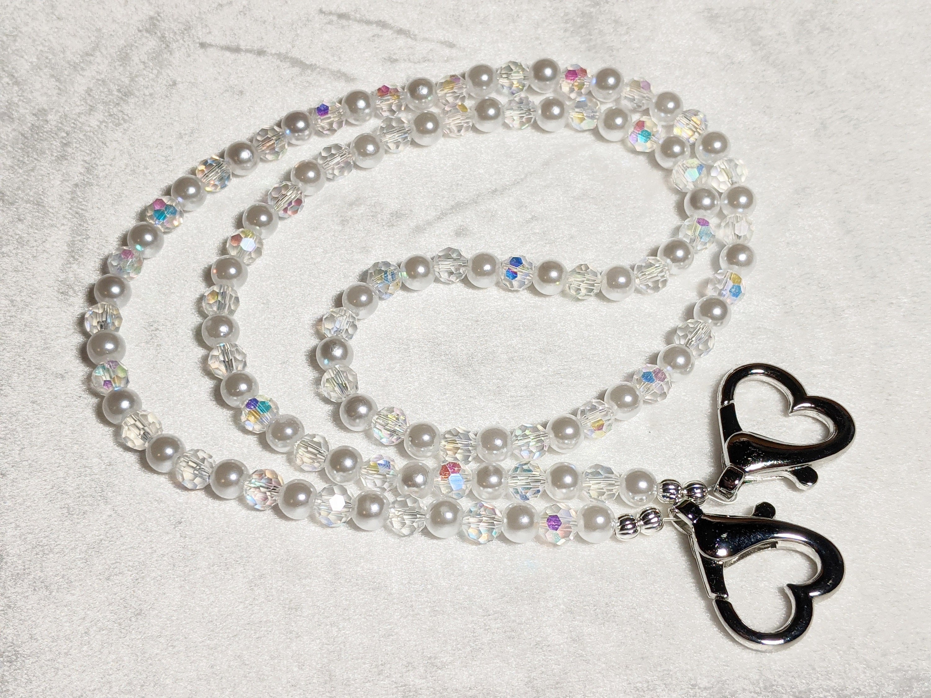 Pearl & Crystal Face Mask Lanyard: Shiny Heart Clasps, Women's Jewelry Gift