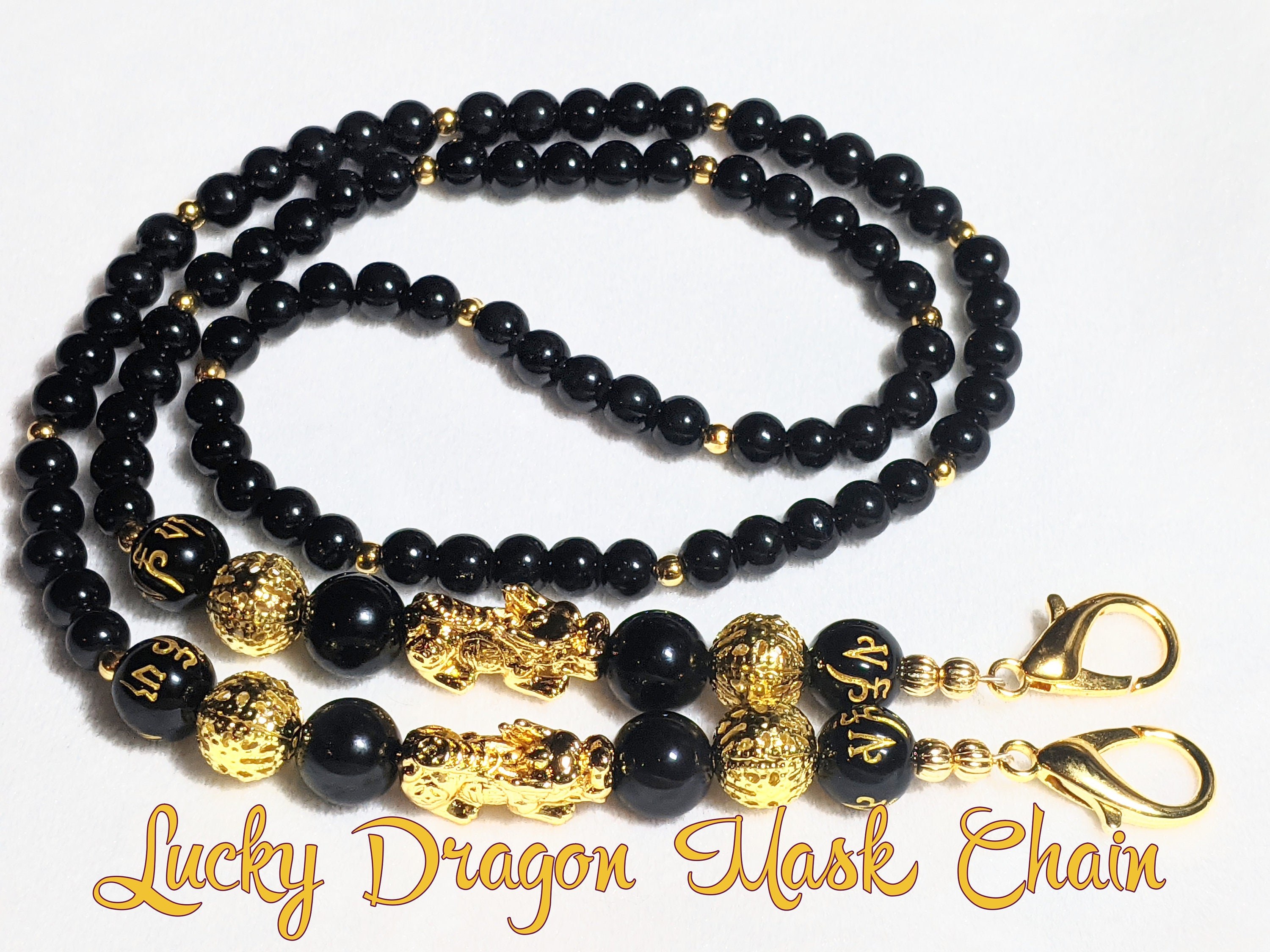 Lucky Dragon Pi Xiu Mask Chain: Black Obsidian & Gold Feng Shui Beads