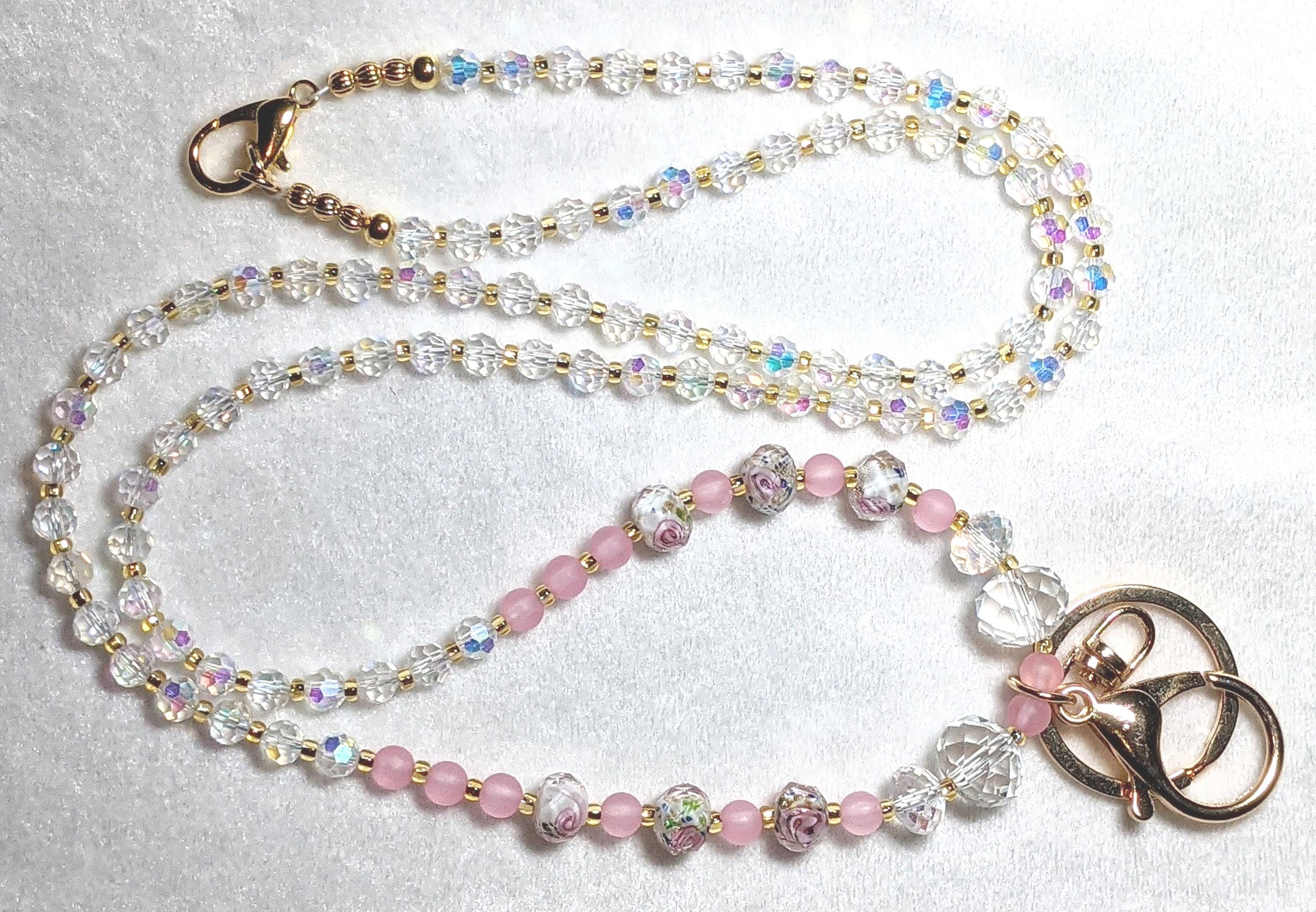 Lanyard Czech Fire Polished Crystals, Lampworked Glass Beads, Pink Roses Beads, Gold Badge Holder, Phone Gift Length Variations