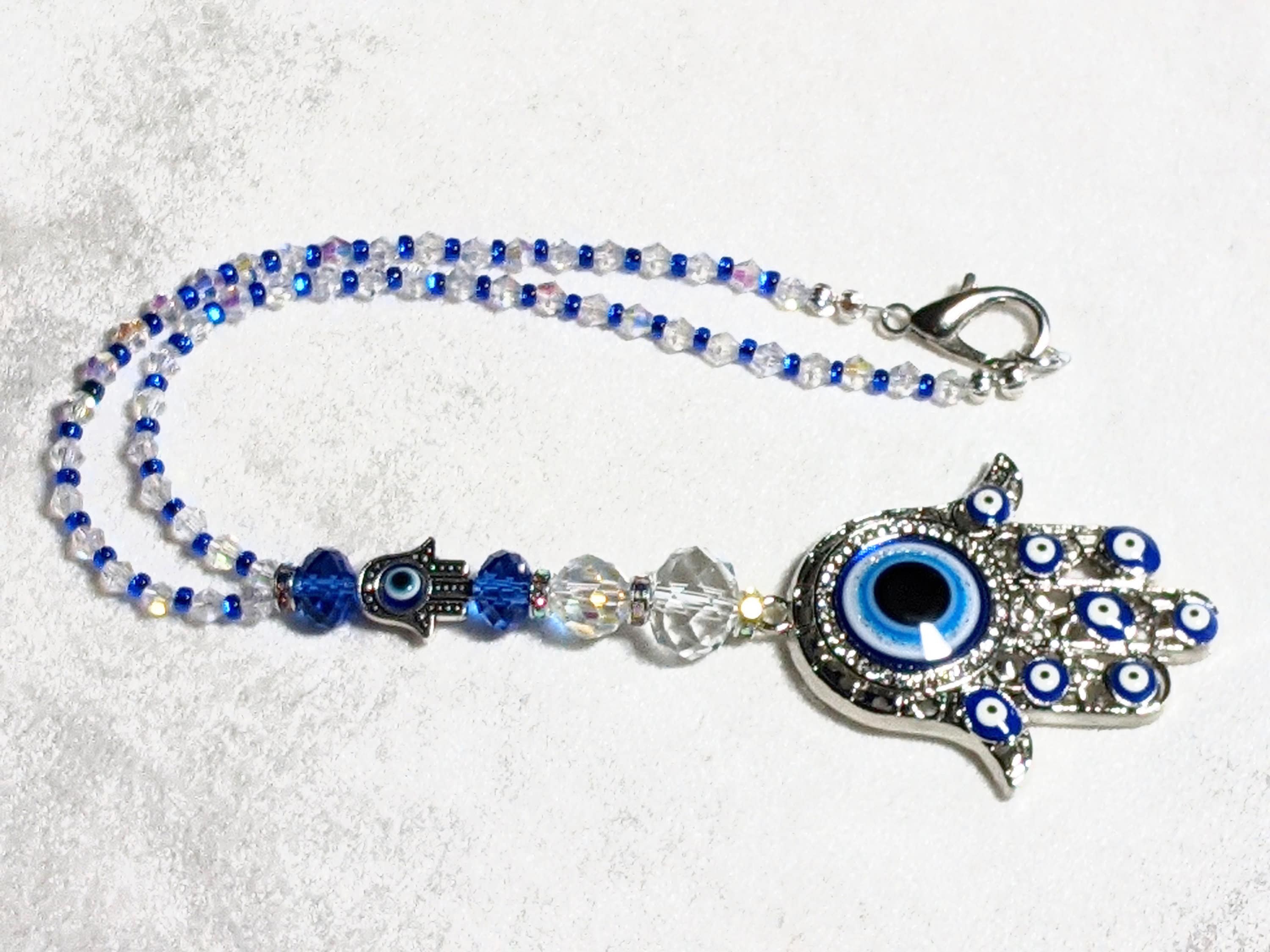 Hamsa Hand Evil Eye Car Charm: AB Crystals Suncatcher